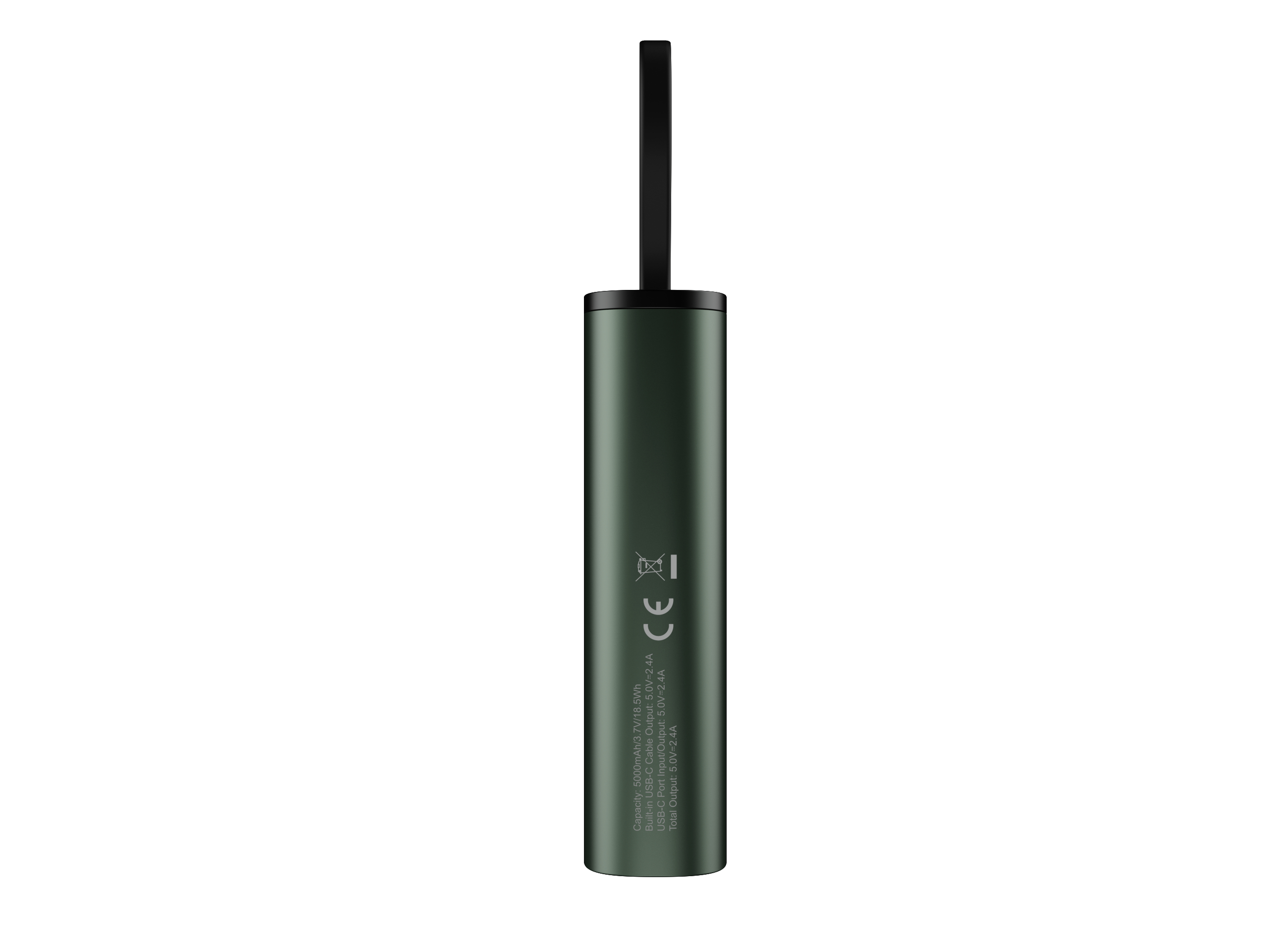 Eine dunkelgrüne, zylindrische Powerbank mit schwarzem Deckel und Ladeanschluss. Weißer Text auf dem Körper.