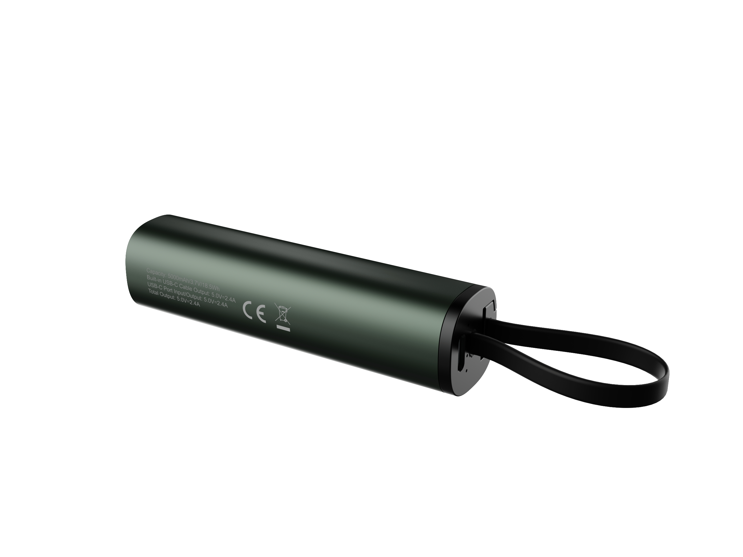 Grüne Powerbank mit schwarzer Schlaufe. Der Hintergrund ist weiß.