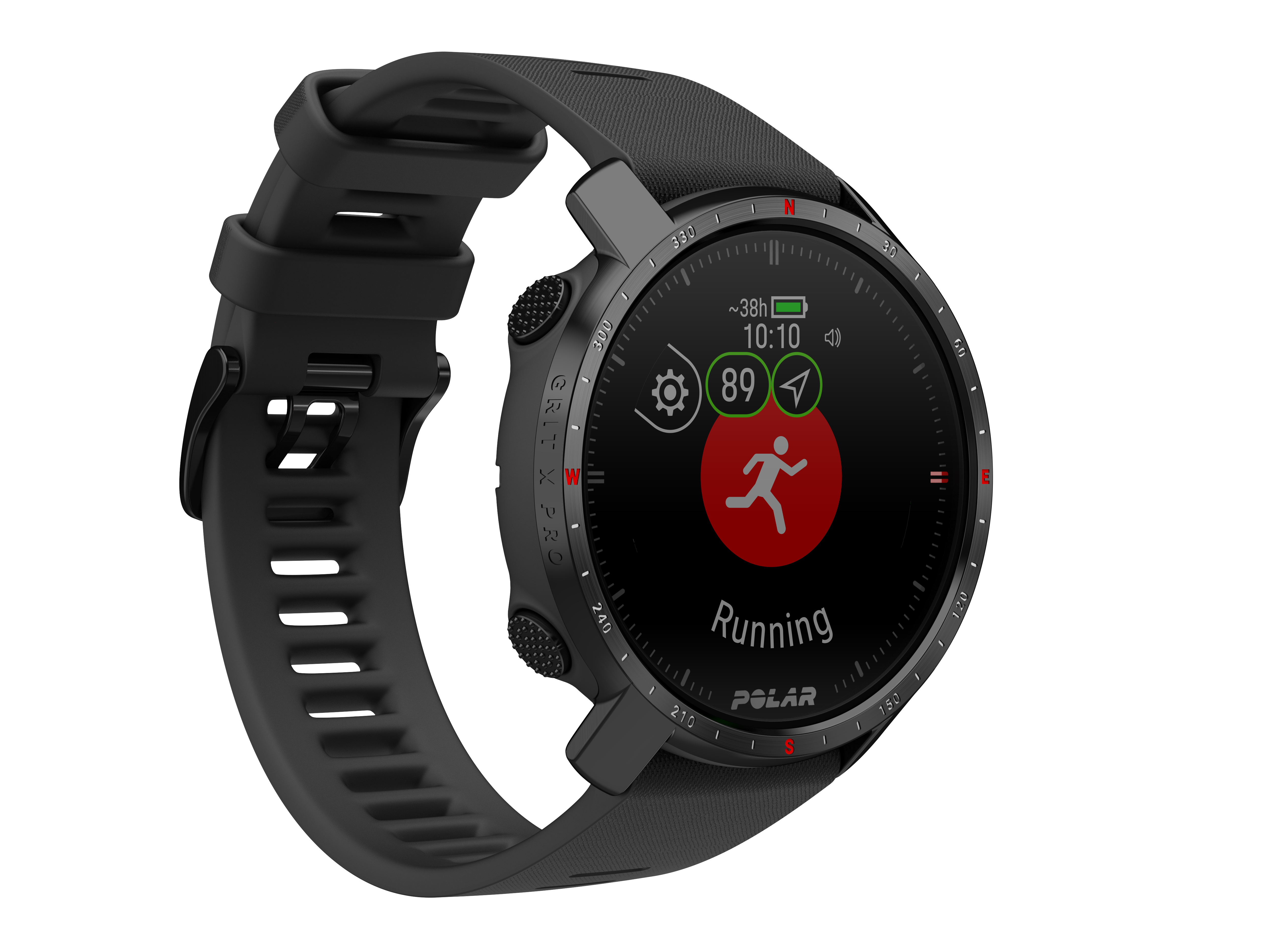 Schwarze Smartwatch mit Lauf-Symbol auf dem Bildschirm, auf weißem Hintergrund.