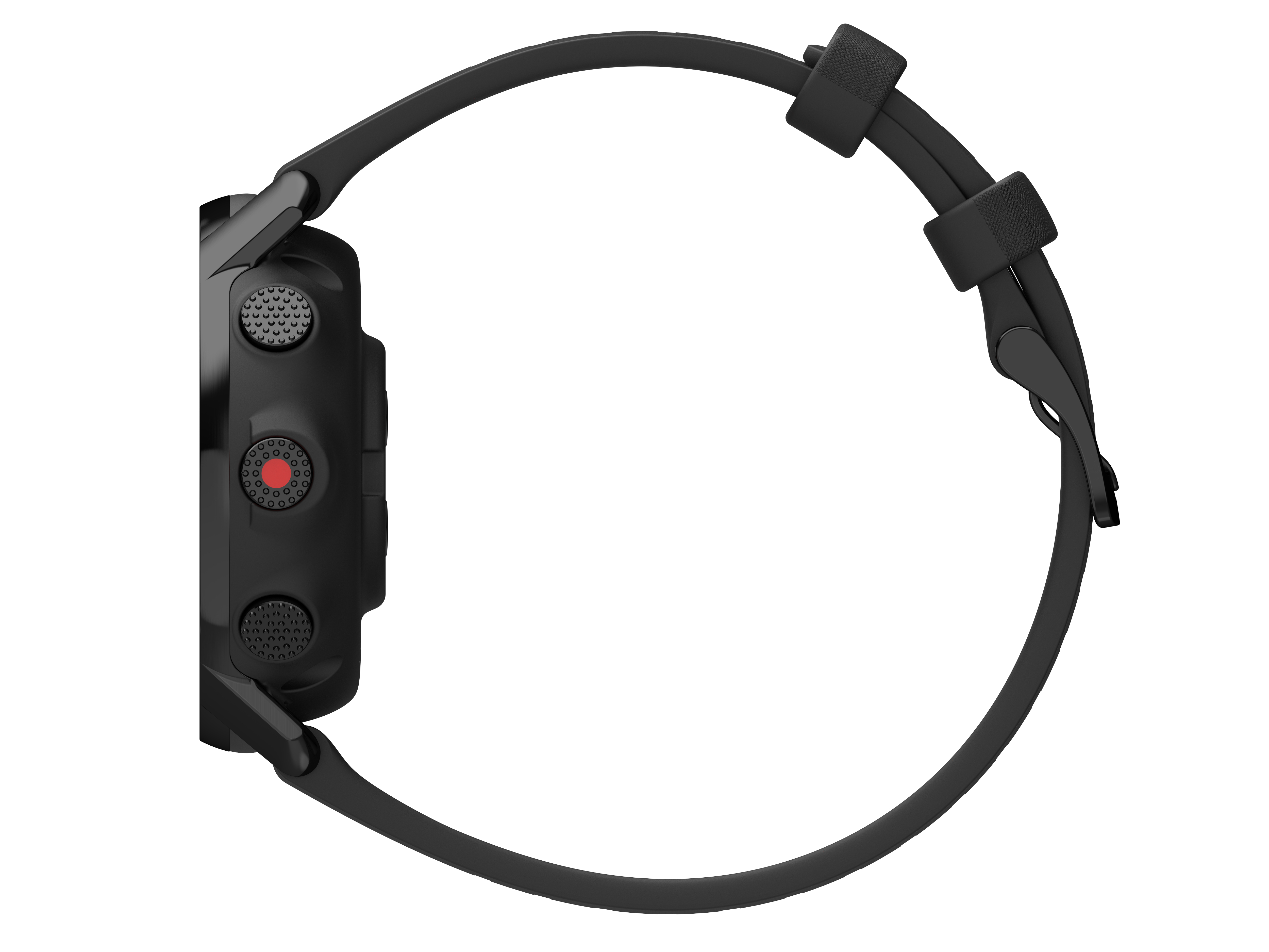 Eine schwarze Smartwatch wird von der Seite gezeigt, mit einem schwarzen Armband und rotem Knopf.