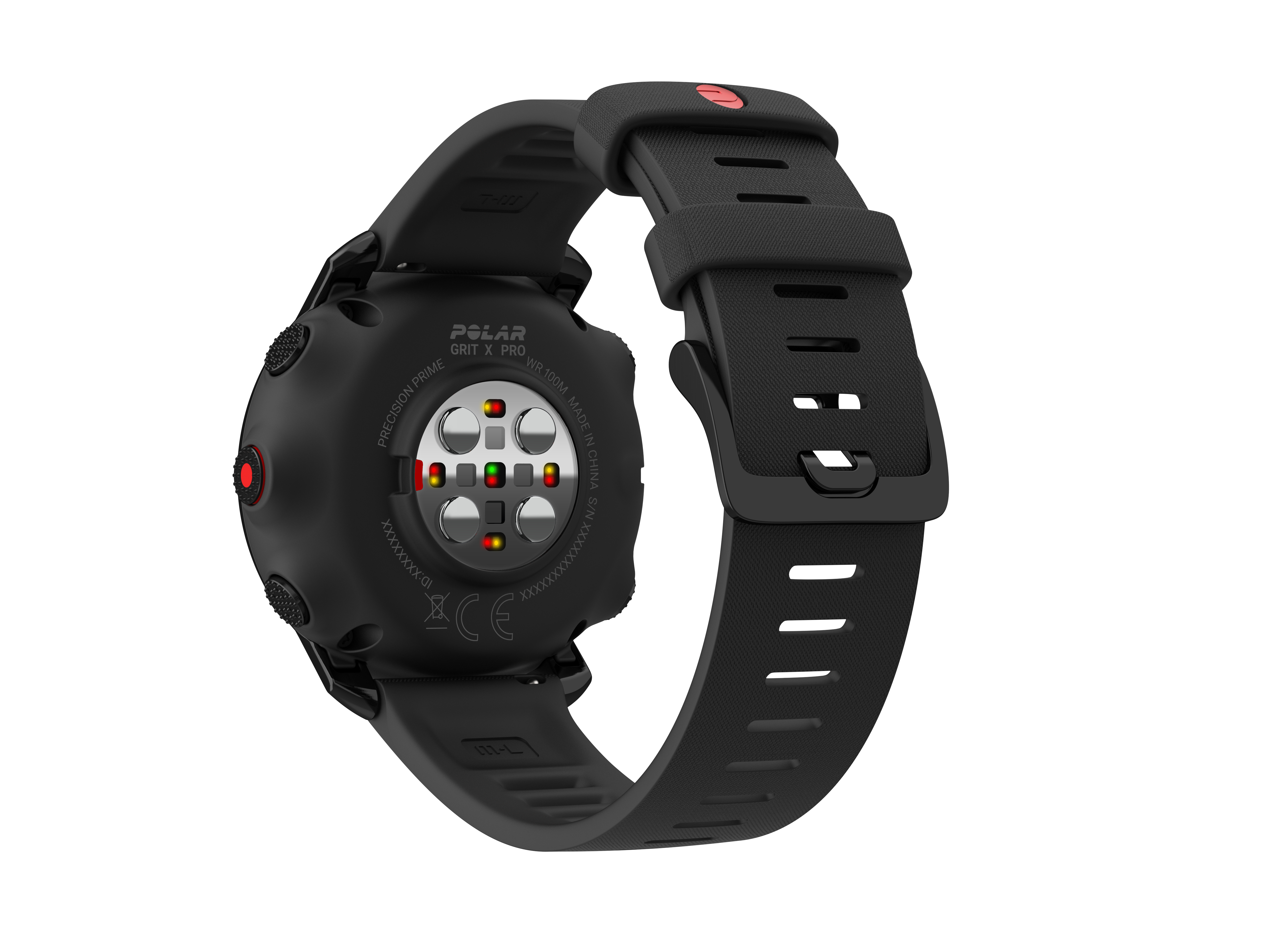 Rückansicht einer schwarzen Polar Grit X Pro Smartwatch mit schwarzem Armband.