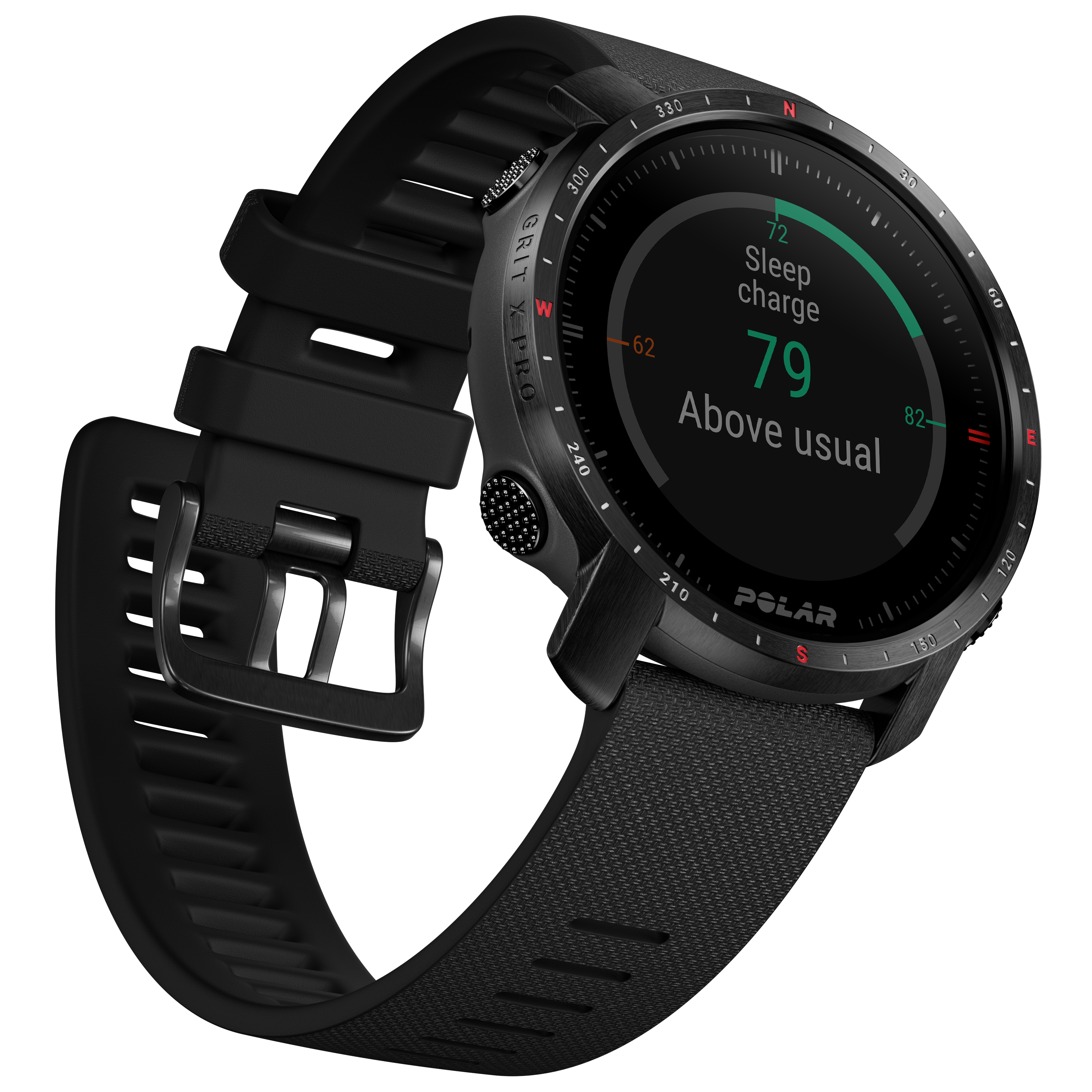 Schwarze Smartwatch mit schwarzem Armband, die eine Ladezeit von 79 % über dem Üblichen und andere Daten anzeigt.