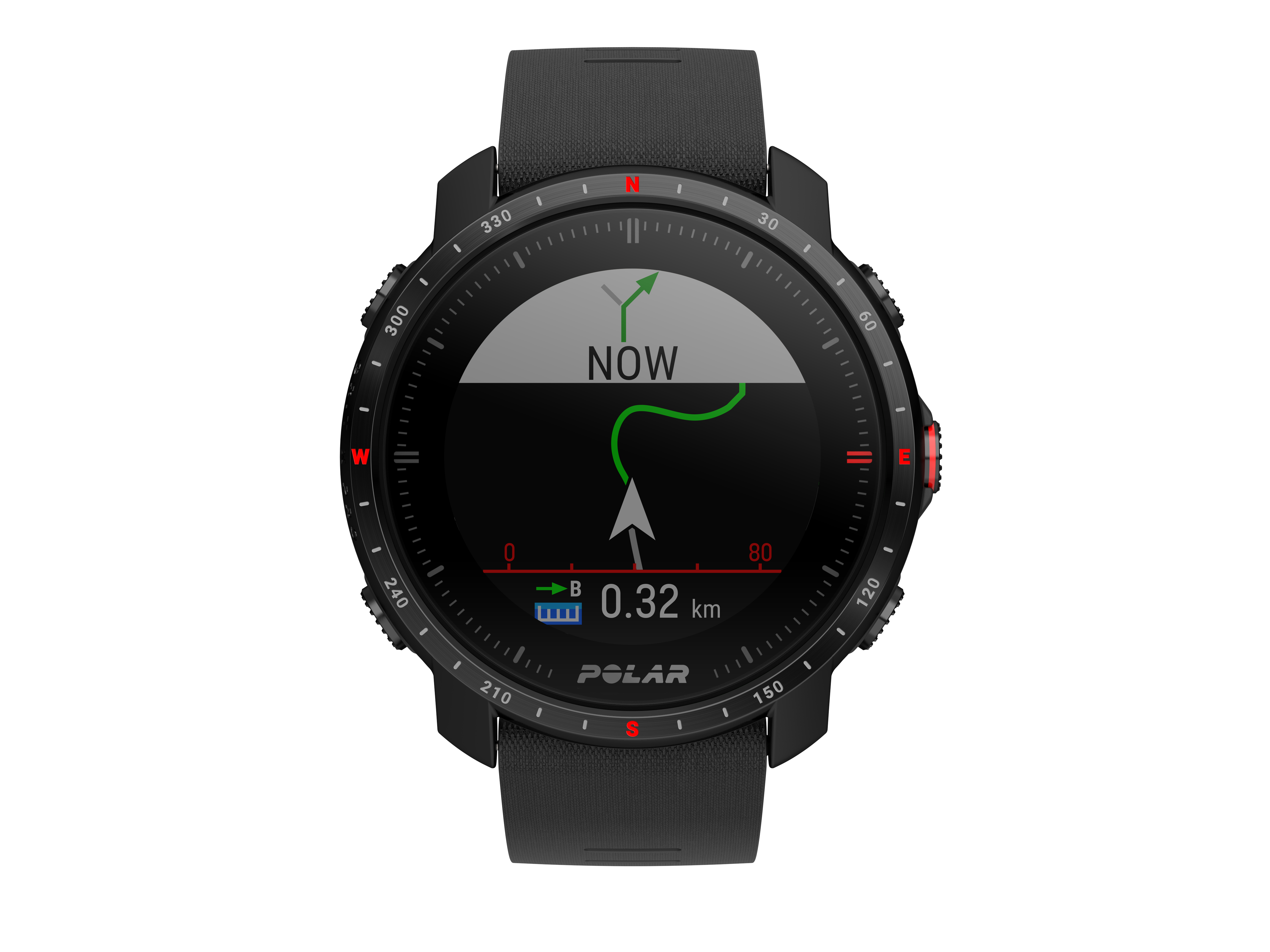 Schwarze Polar Smartwatch, die eine Route auf dem Bildschirm mit einer grünen Linie und Text anzeigt.