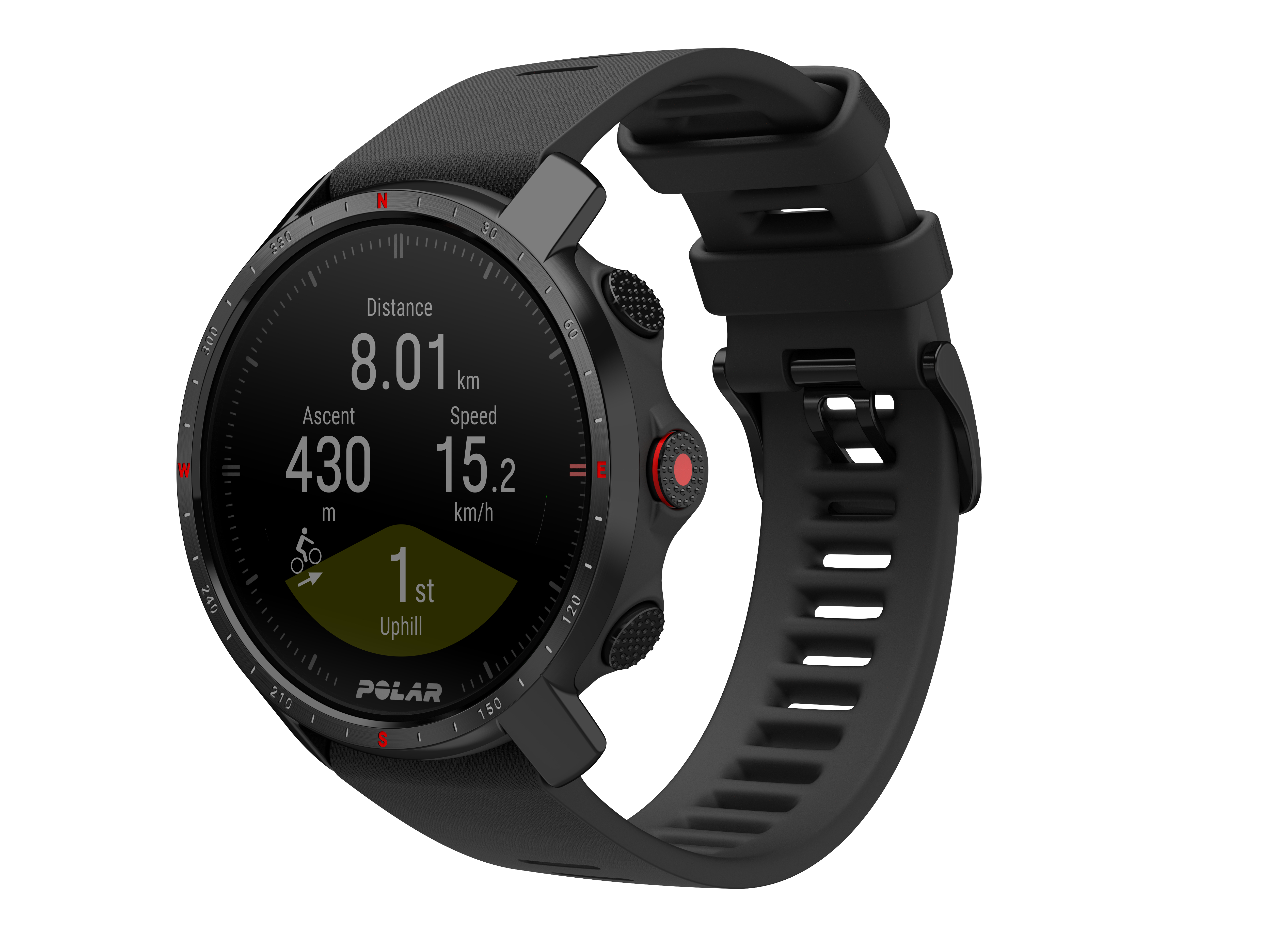 Schwarze Sportuhr mit rundem Display, zeigt Metriken und ein schwarzes Armband.