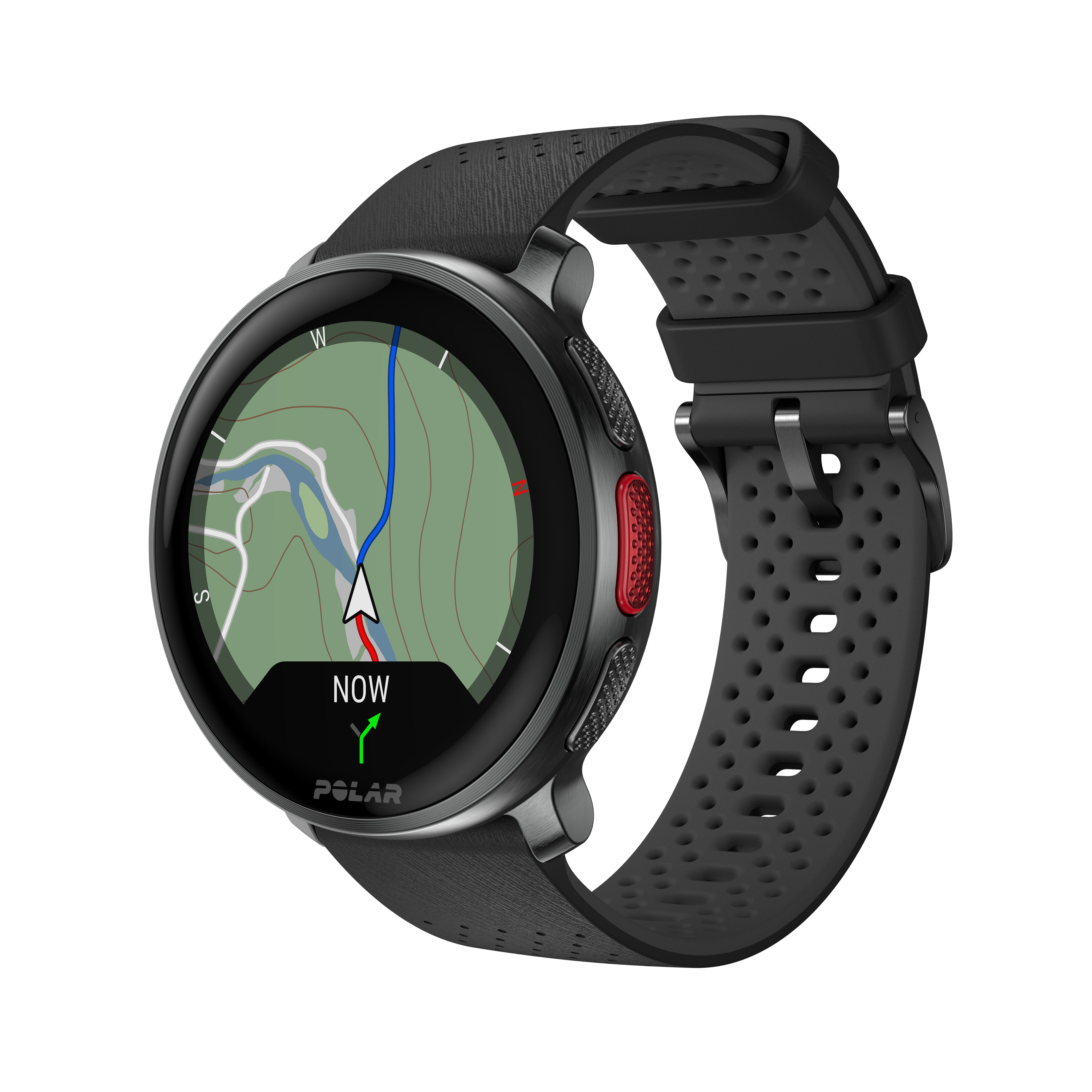 Schwarze Smartwatch mit schwarzem Armband. Das Zifferblatt zeigt eine Karte mit einer Route. Auf der Seite befindet sich ein roter Knopf.