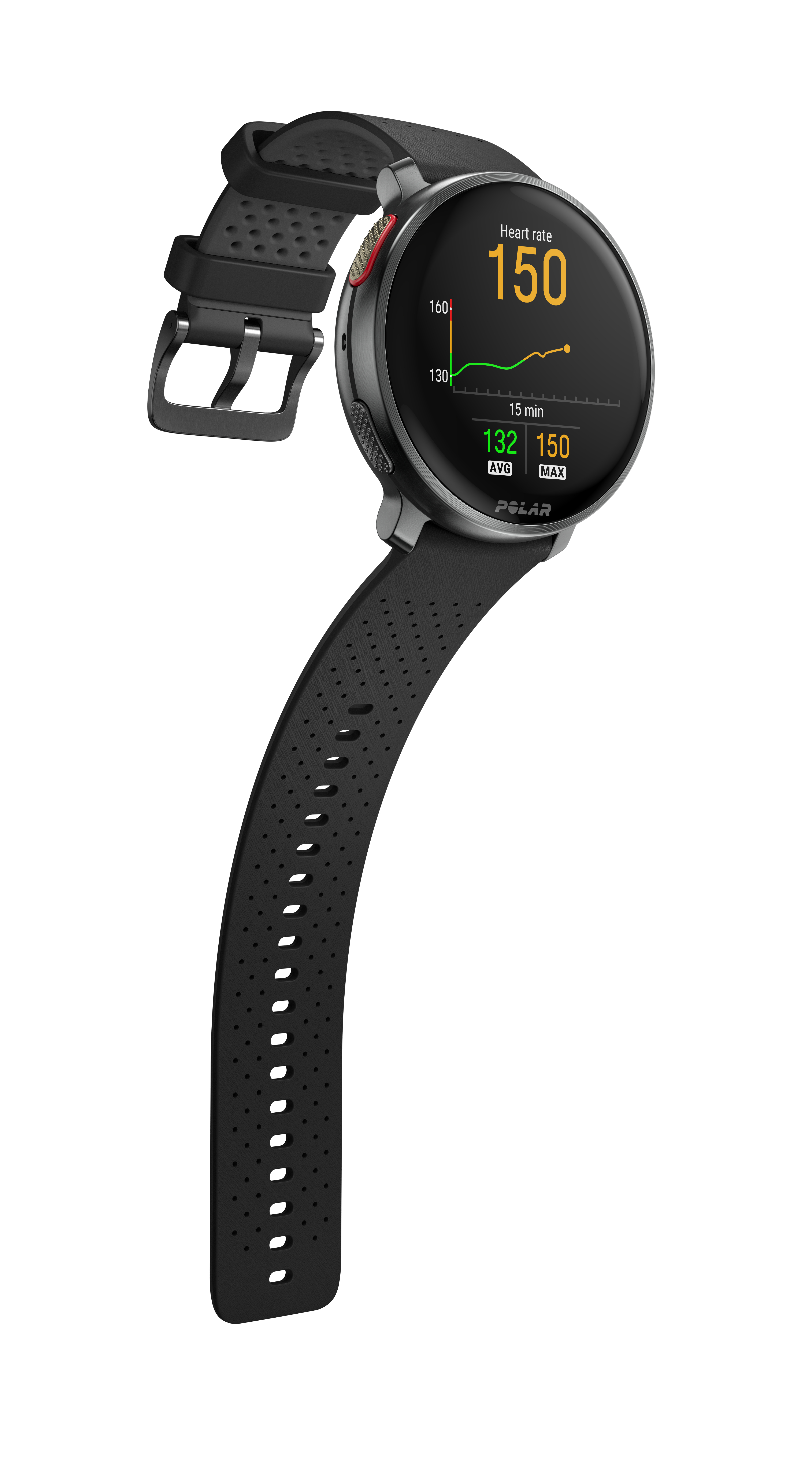 Eine Polar Smartwatch zeigt eine Herzfrequenz von 150 an. Die Uhr ist schwarz mit schwarzem Armband.