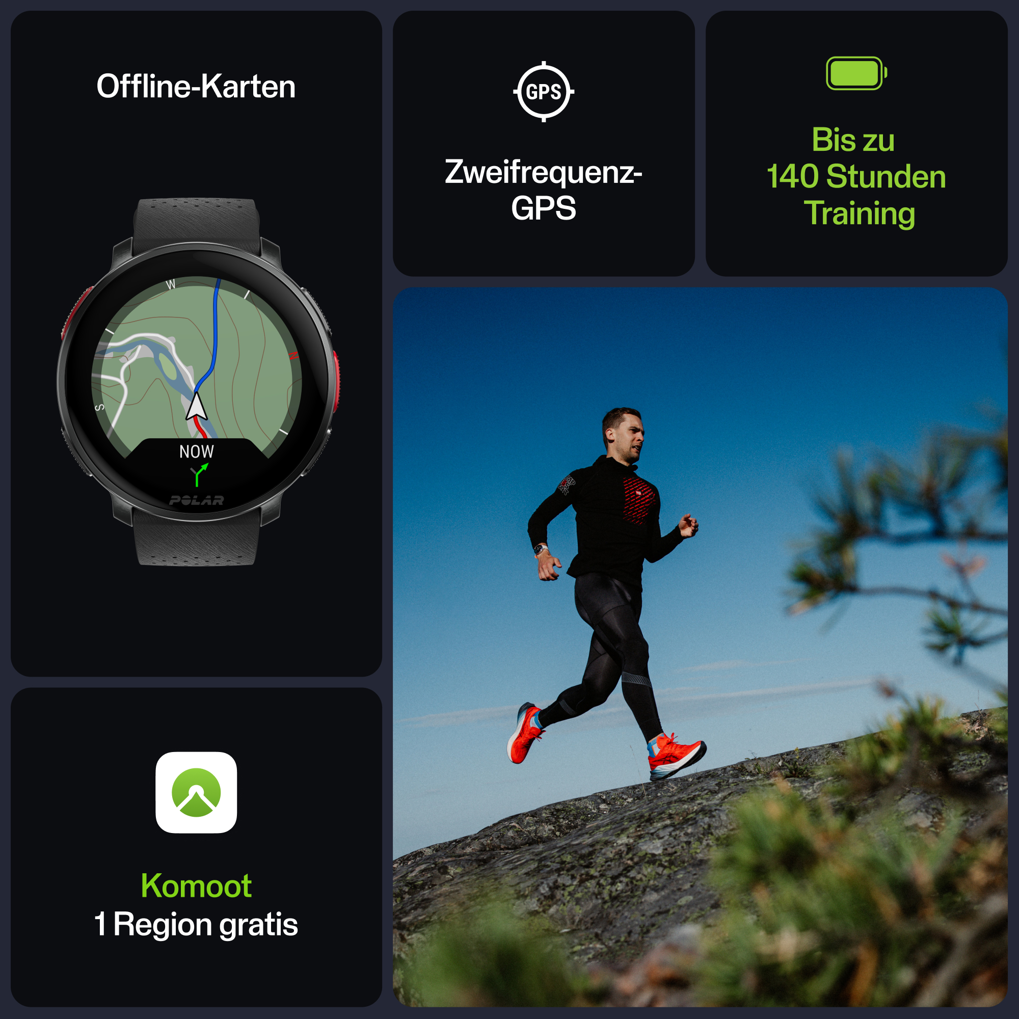 Ein Mann, der mit einer Smartwatch rennt, die eine Karte und Statistiken sowie App-Symbole anzeigt.