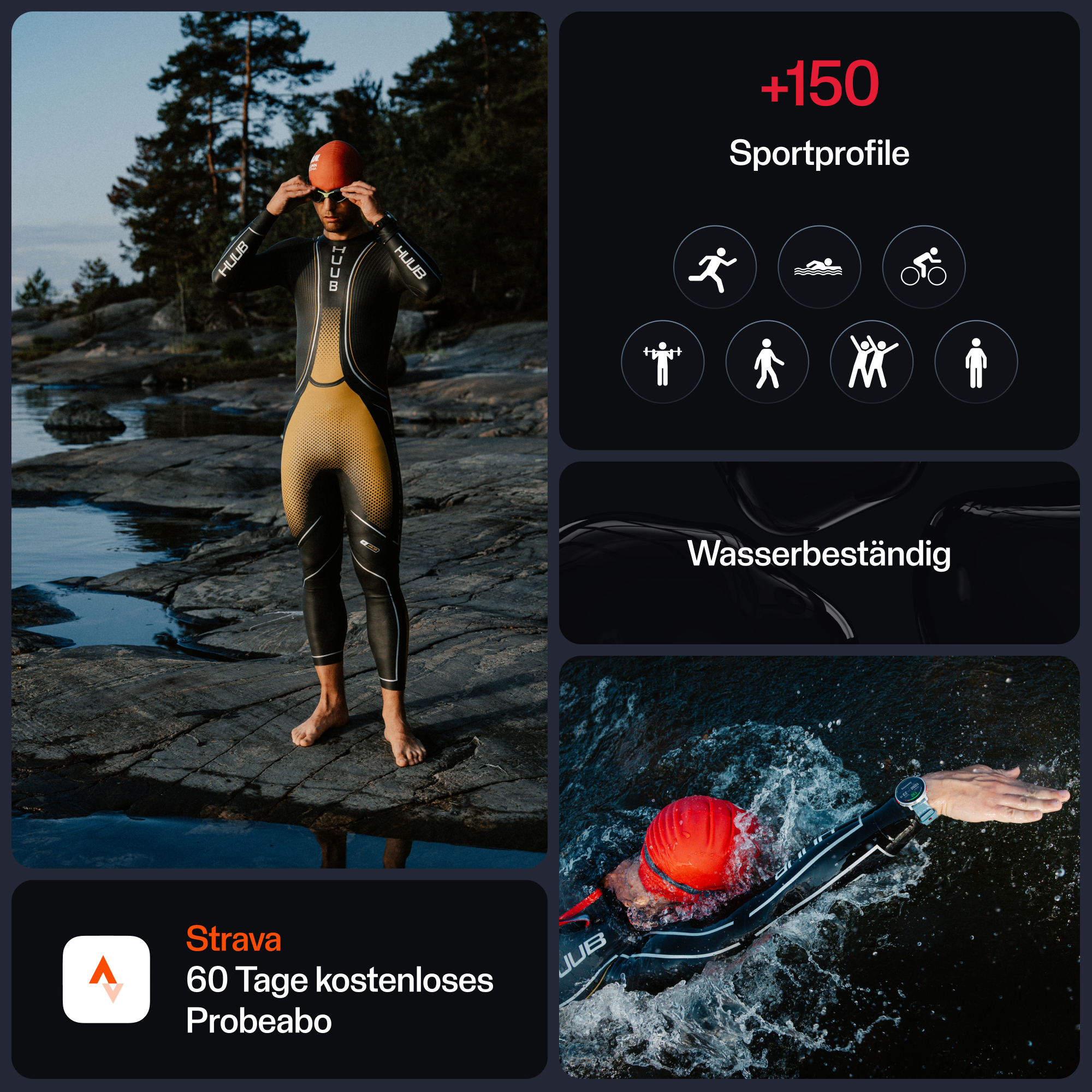 Ein Mann im Neoprenanzug. Andere Bilder zeigen Wassersportaktivitäten und Symbole auf dunklem Hintergrund.
