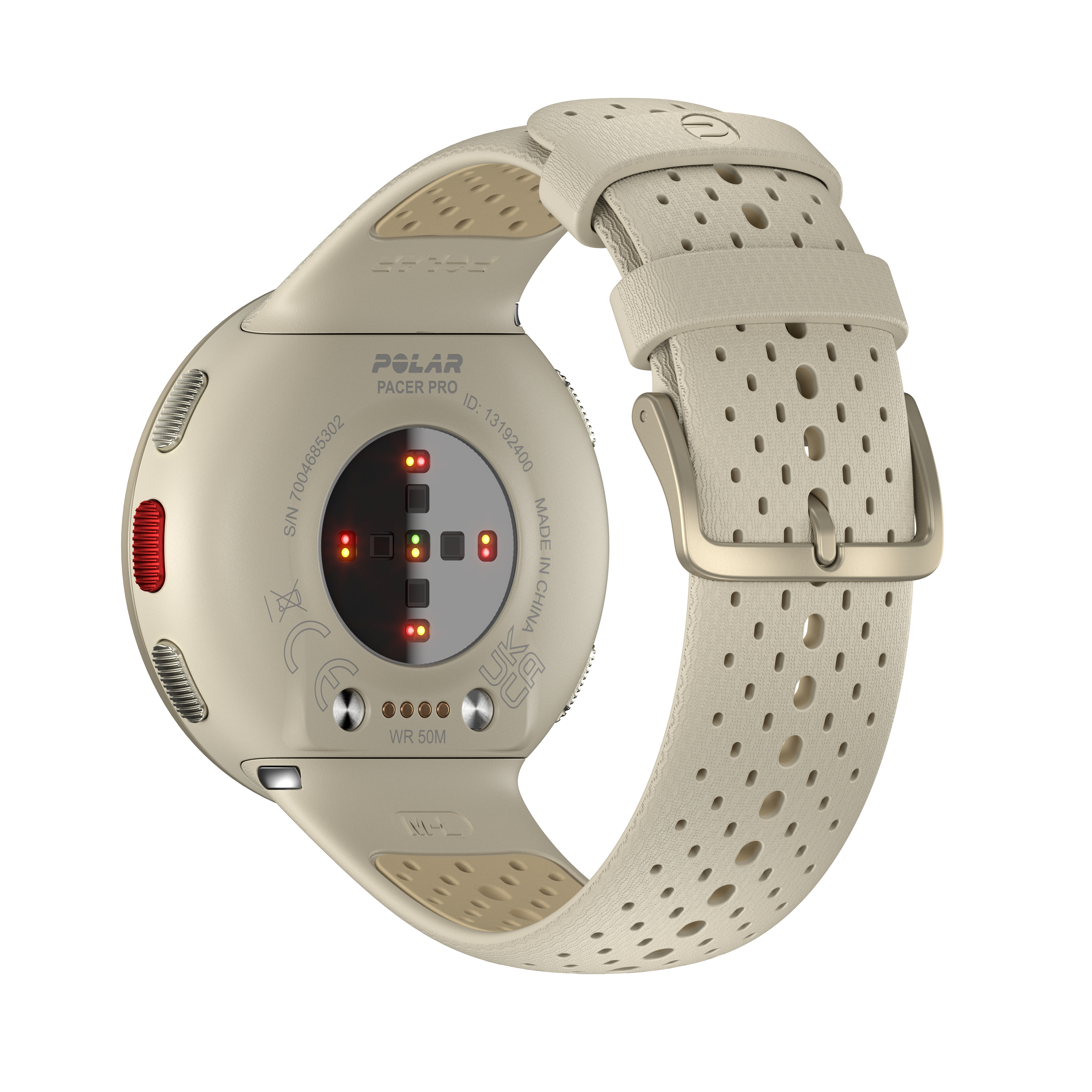 Eine cremefarbene Smartwatch. Die Rückseite zeigt Sensoren und das Armband ist perforiert.