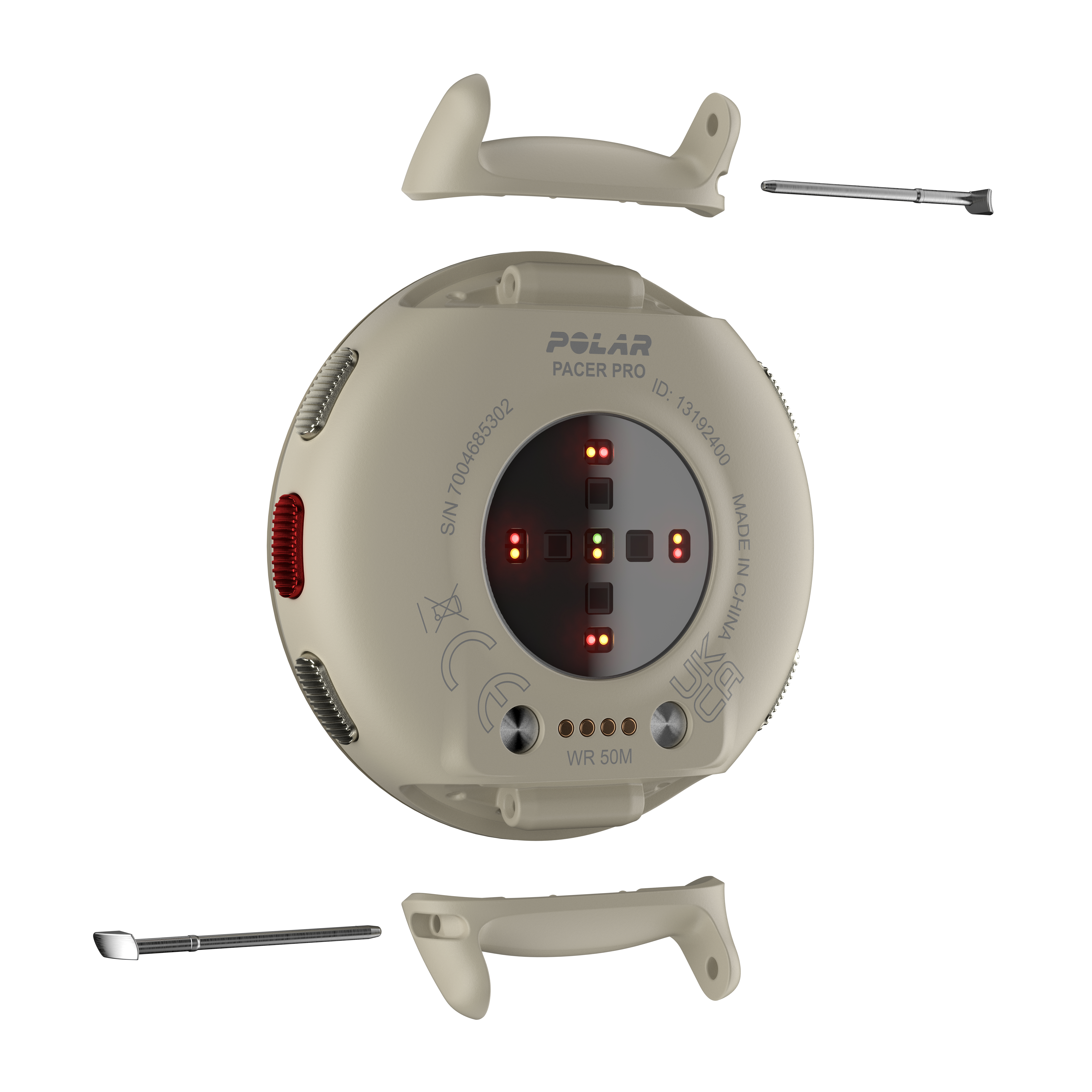 Eine Polar Pacer Pro Uhr mit Armbändern und Stiften. Die Uhr ist beige mit schwarzem Display.