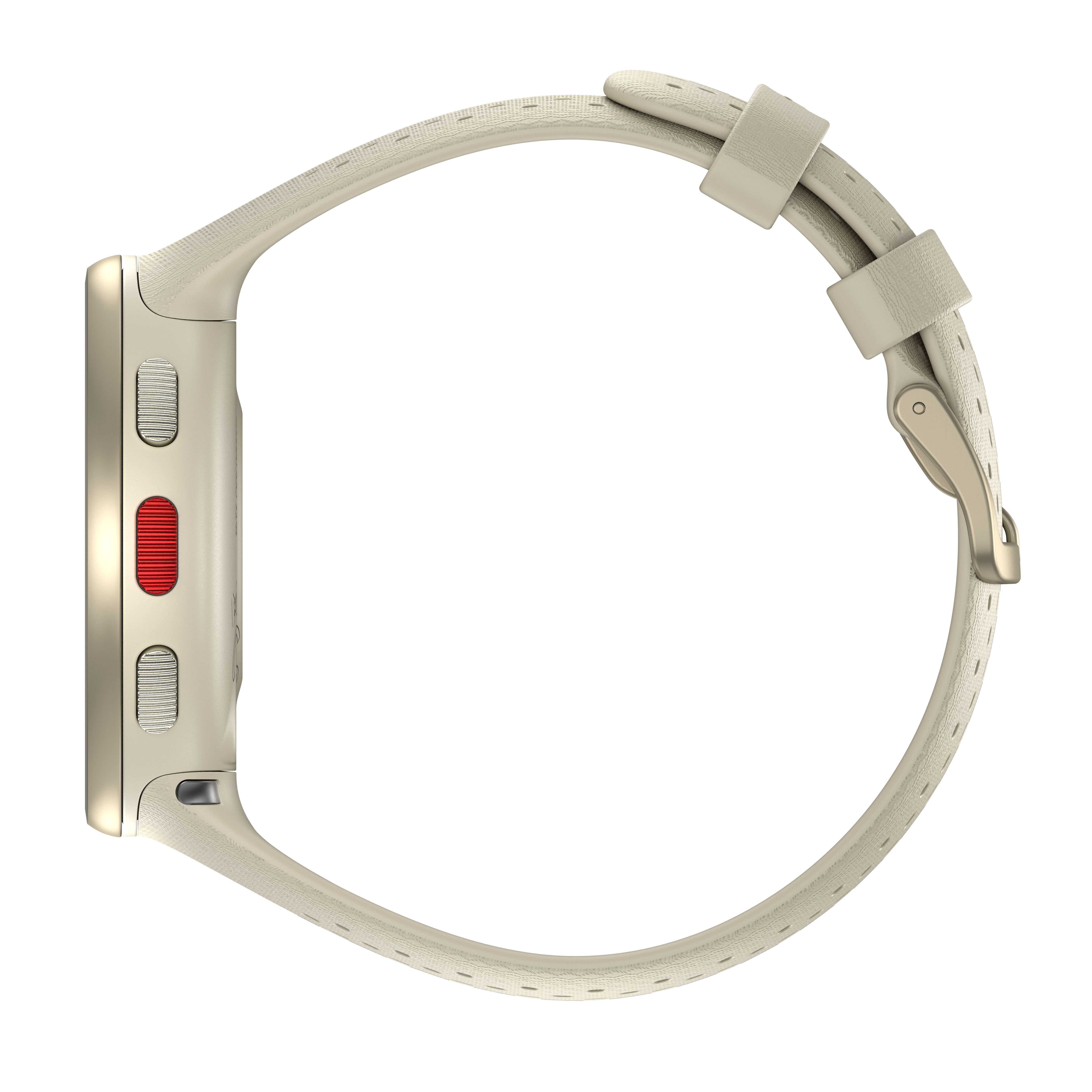 Seitenansicht einer cremefarbenen Smartwatch mit hellfarbenem Armband, weißer Hintergrund.