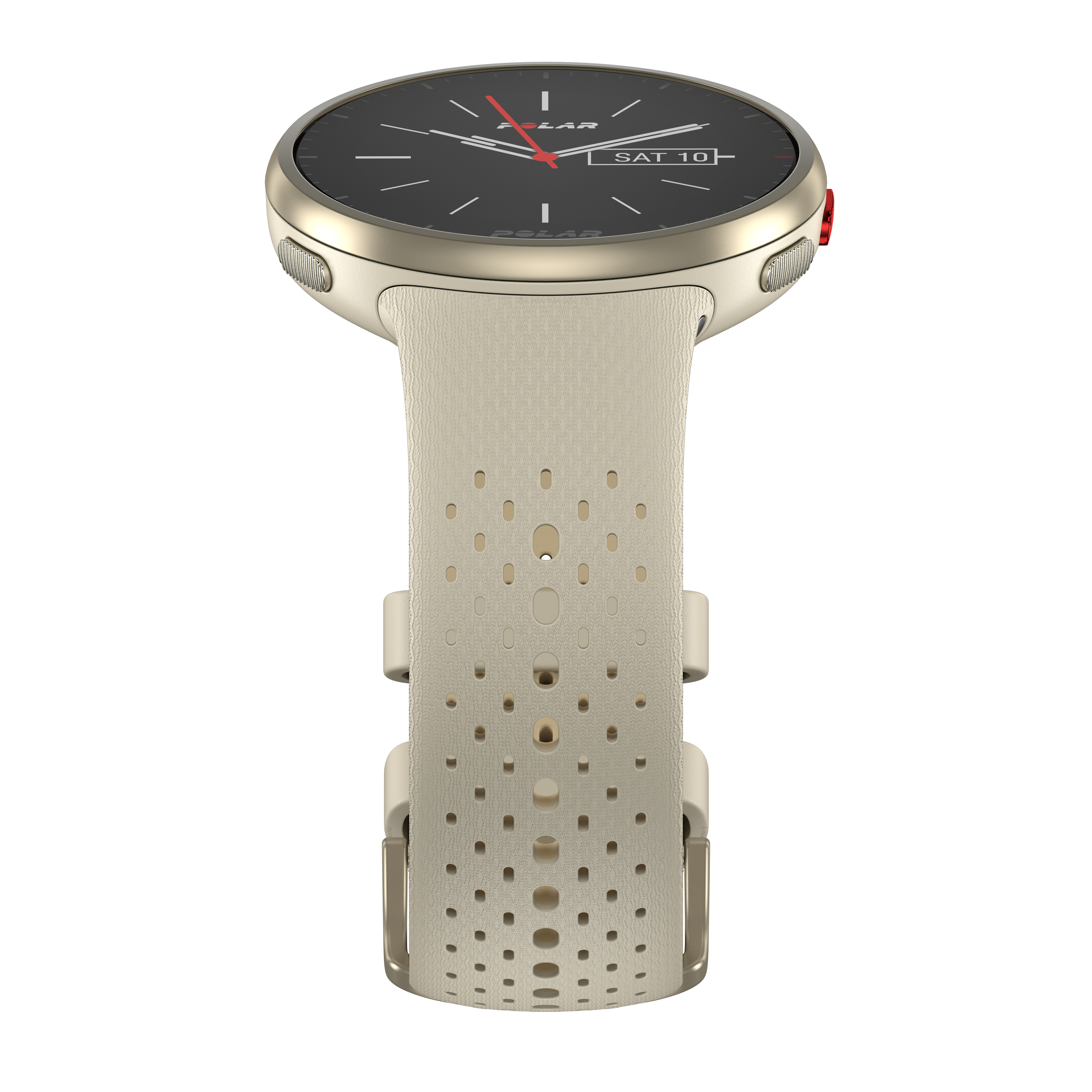 Eine Uhr mit hellem Armband, auf weißem Hintergrund.