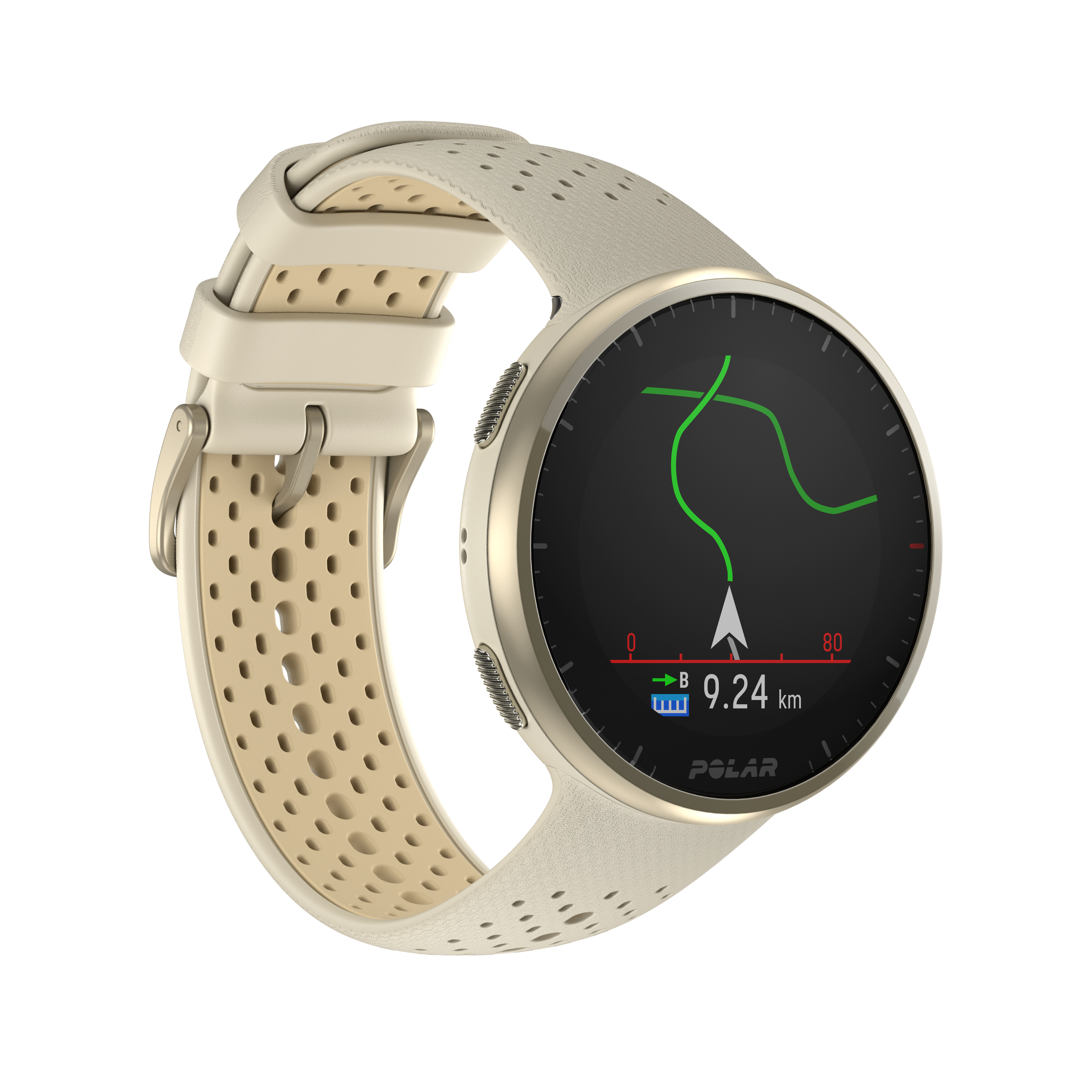 Eine Smartwatch mit hellem Armband, die eine Routenkarte und Daten anzeigt.