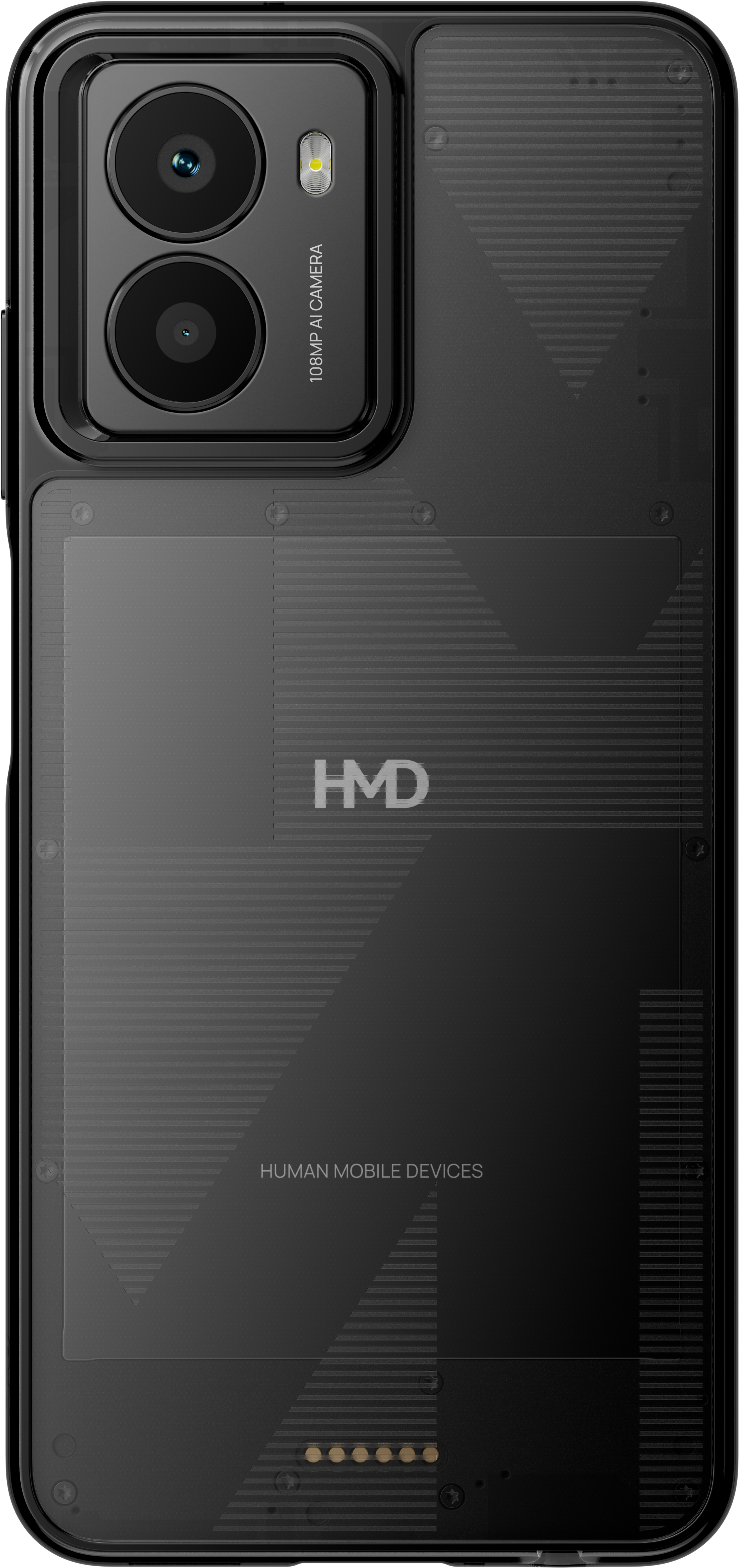Egy fekete telefon hátulja dupla kamerával és az HMD logóval. Átlátszó a dizájn.