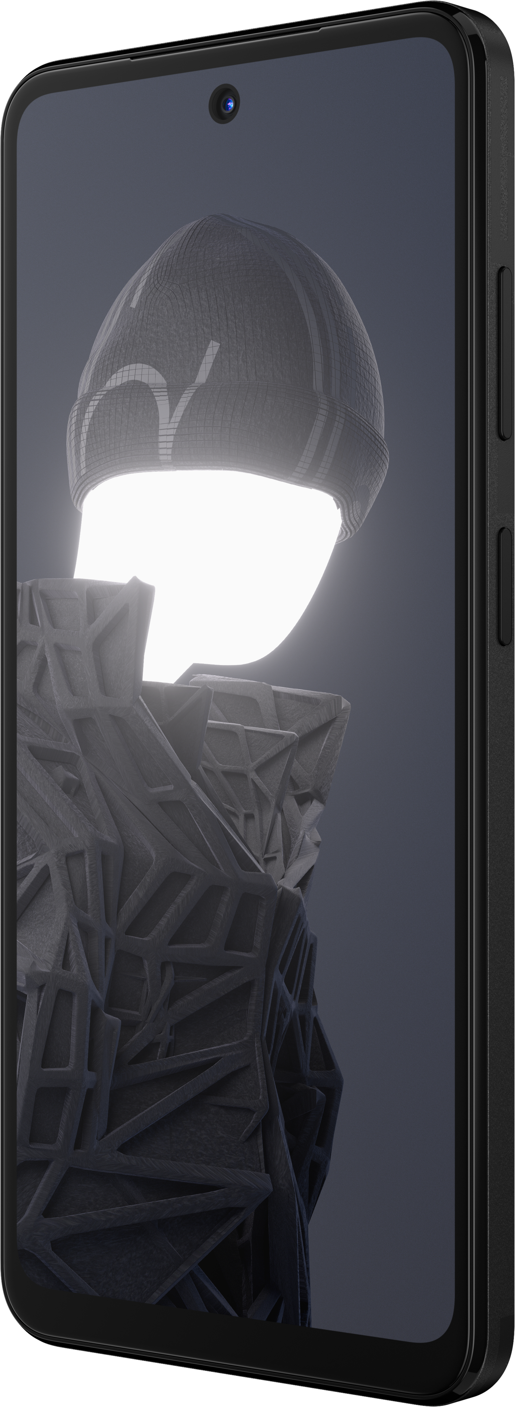Fekete okostelefon 3D-s figurával a képernyőn. Sötétkék háttér.