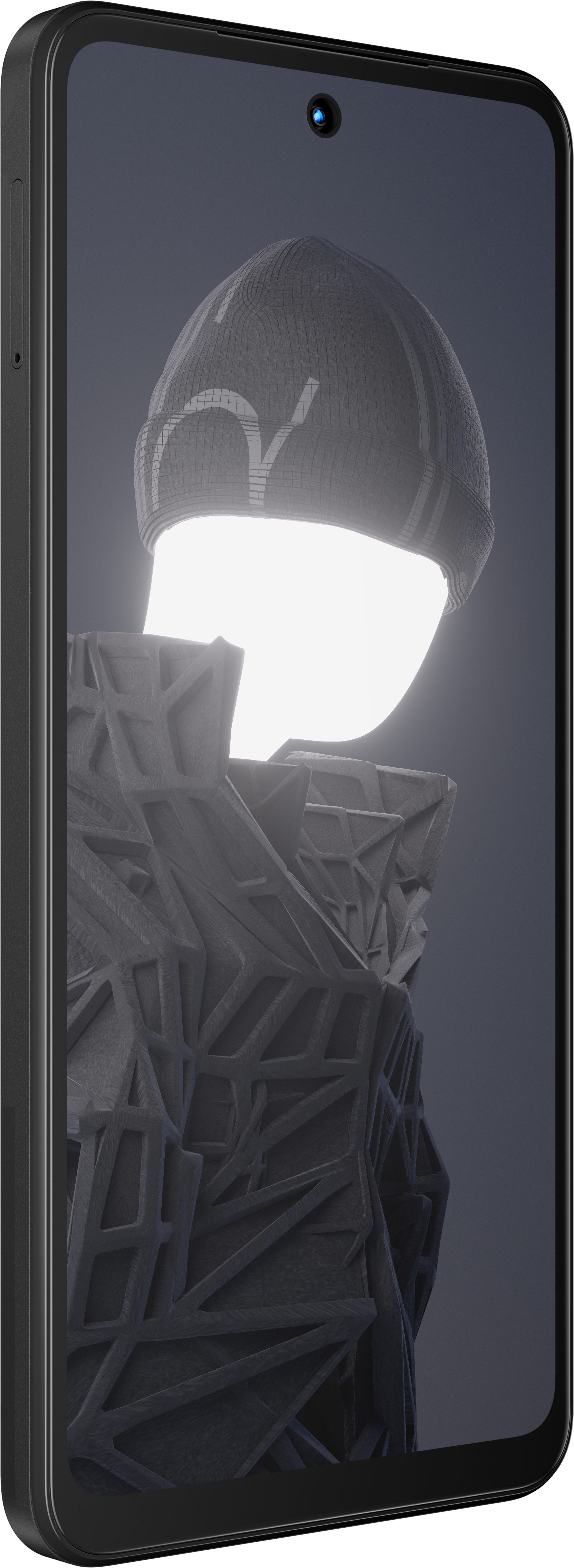 Okostelefon képernyő, 3D-s figurával, sapkában. Fekete telefon.