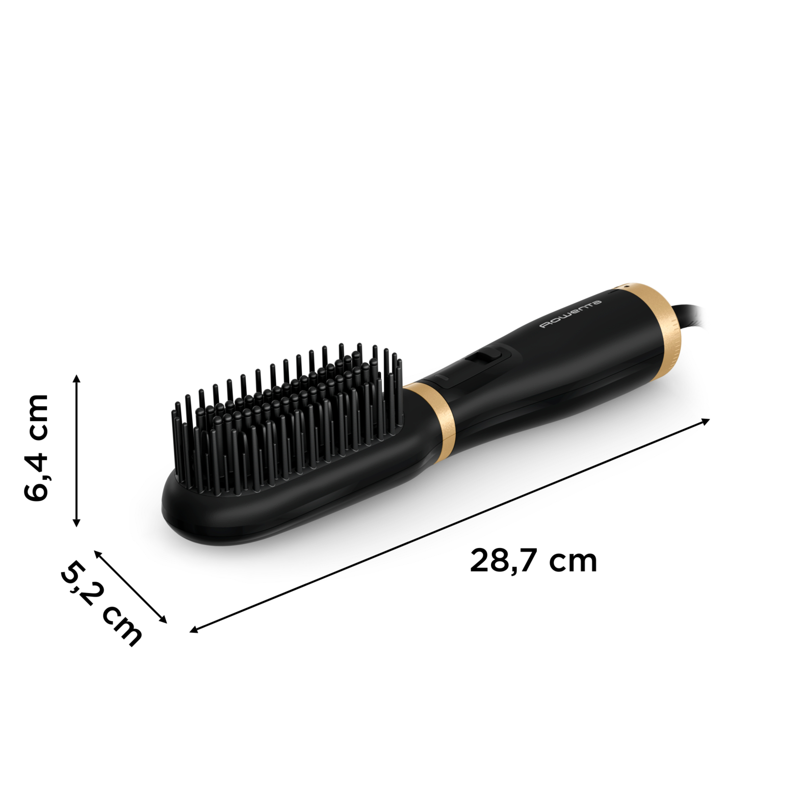 Cepillo alisador de cabello negro con dimensiones indicadas. El cepillo tiene cerdas negras.