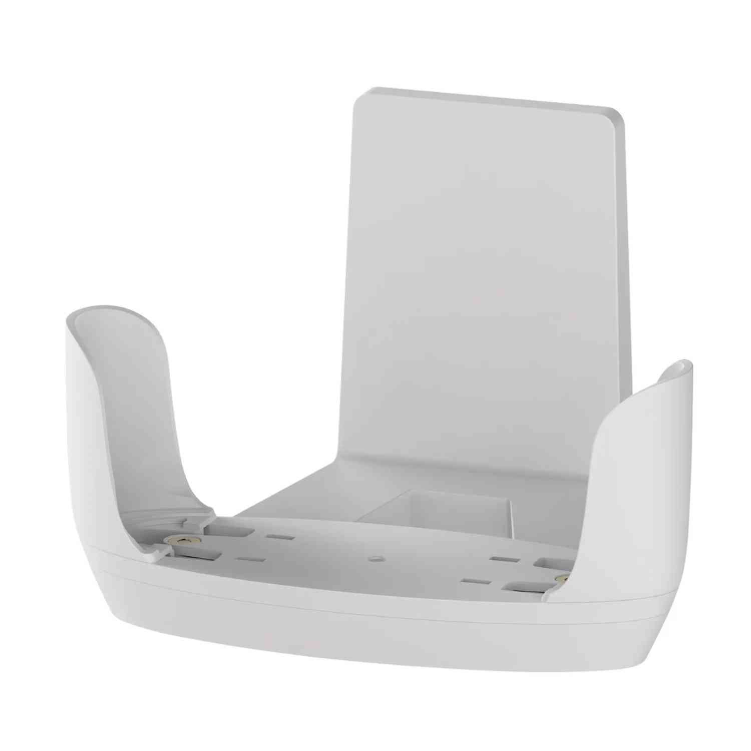 A white wall mount for a router or modem, with a simple design.