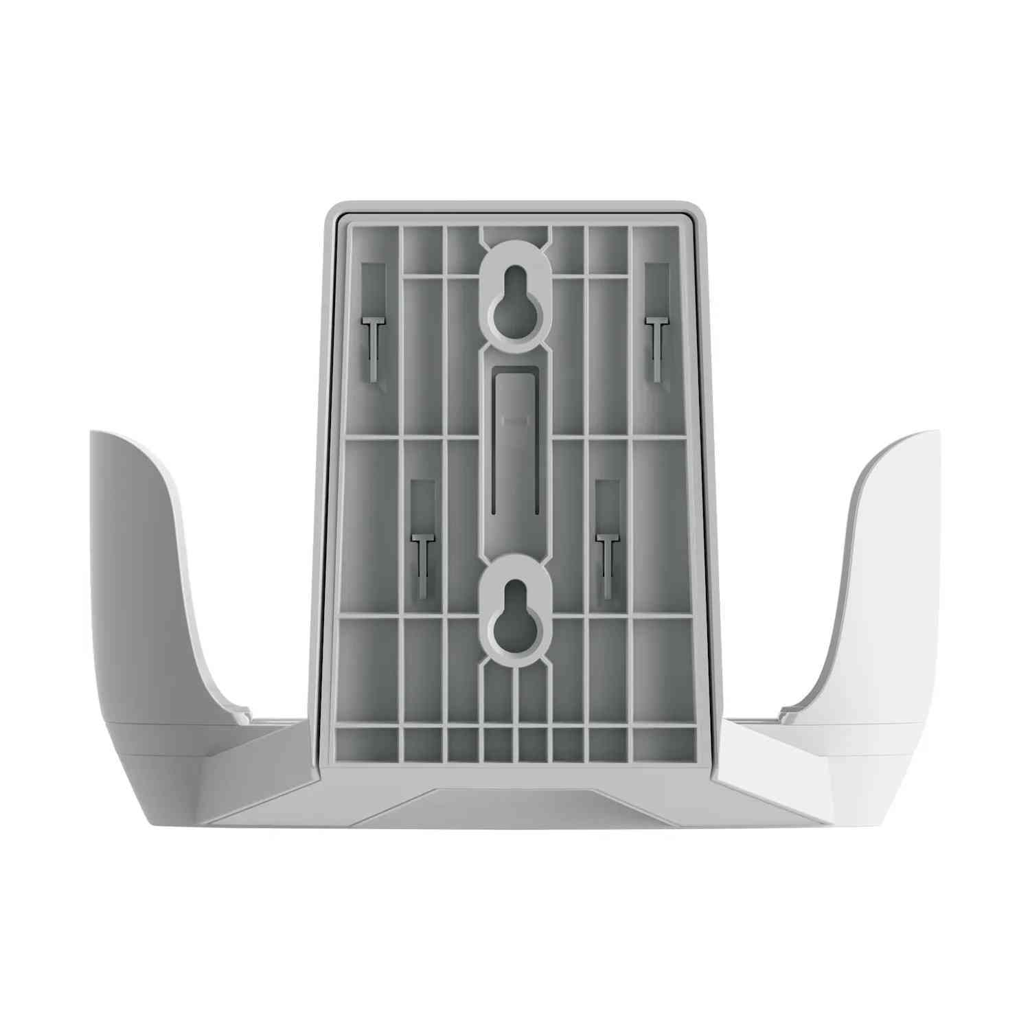 White wall mount for a device with two side wings and a central panel with holes.