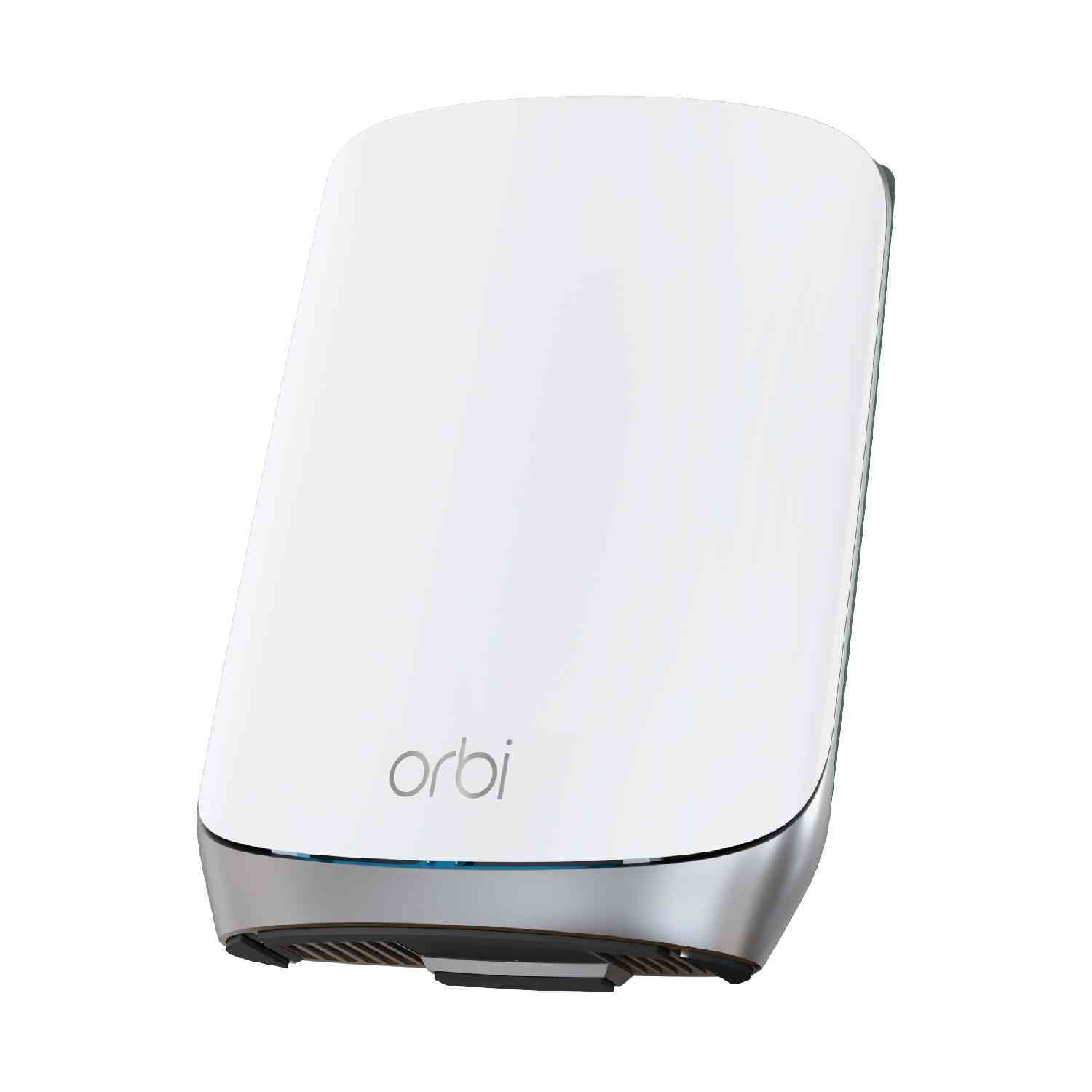 Un routeur wifi maillé blanc avec le mot "orbi" dessus. Il a une base argentée.