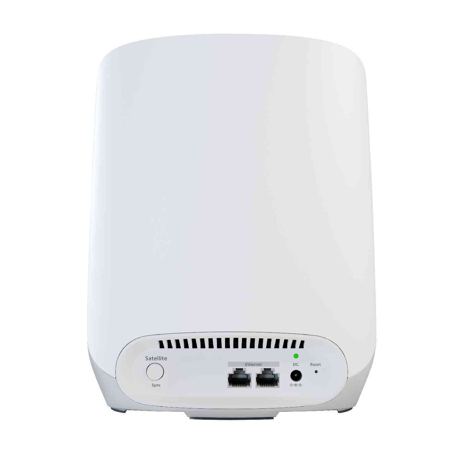 Satellite NETGEAR Orbi blanc avec ports, un bouton d'alimentation et un bouton de synchronisation.