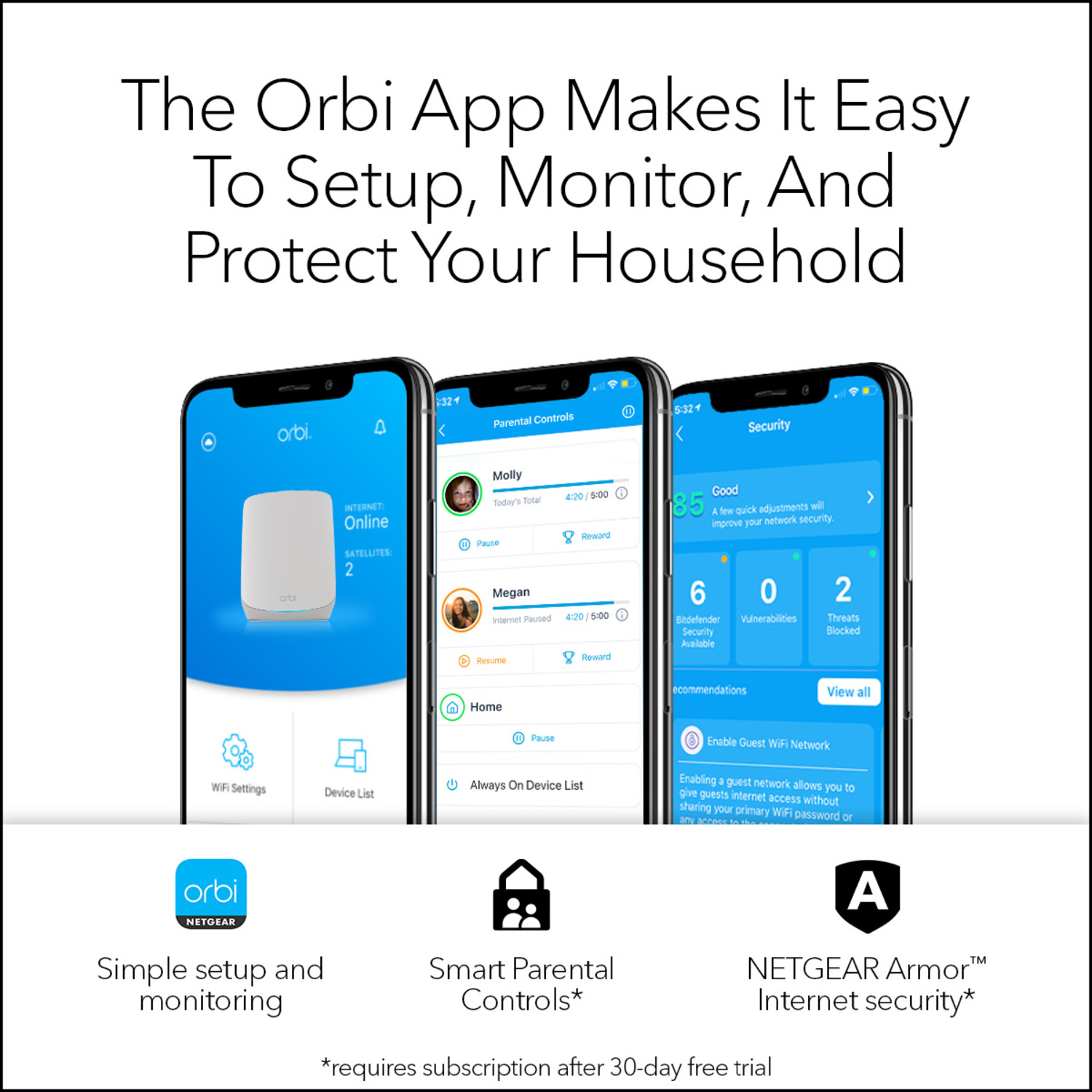 Trois téléphones affichant une interface d'application. Le texte promeut l'application Orbi pour la configuration, la surveillance et la protection.