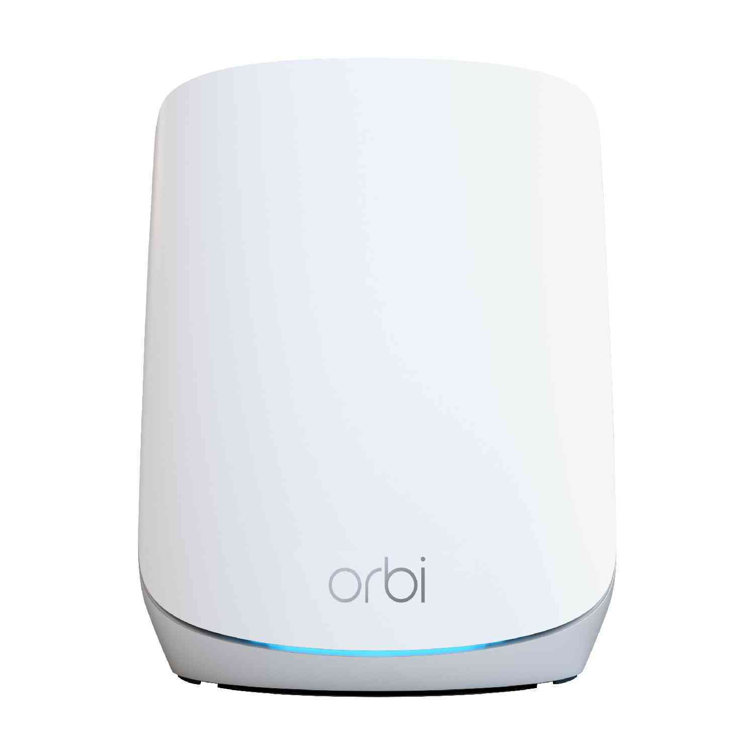 Een witte router met een subtiel blauw licht aan de onderkant.