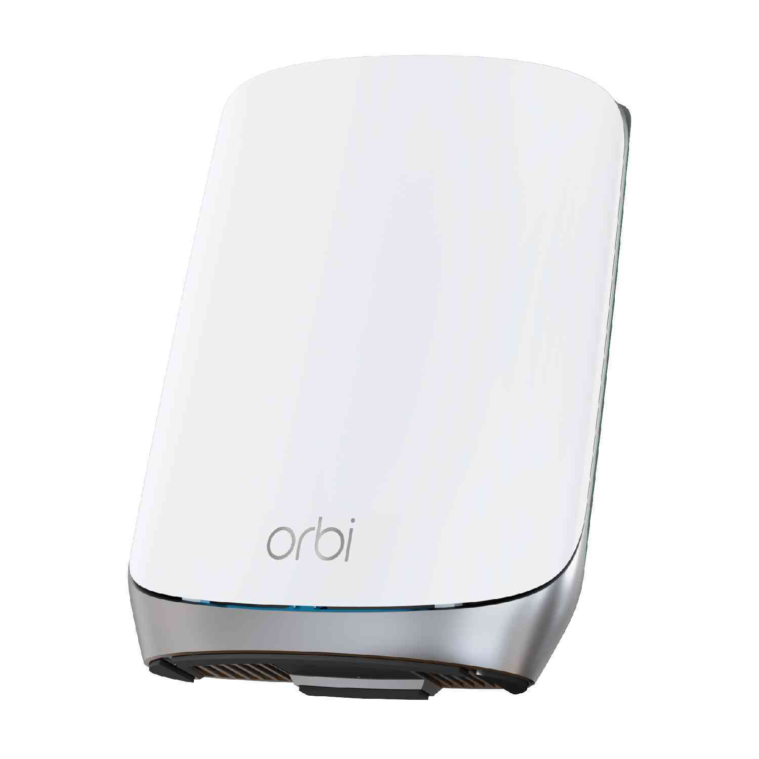 Een witte Orbi router met een zilveren basis, van bovenaf gezien.