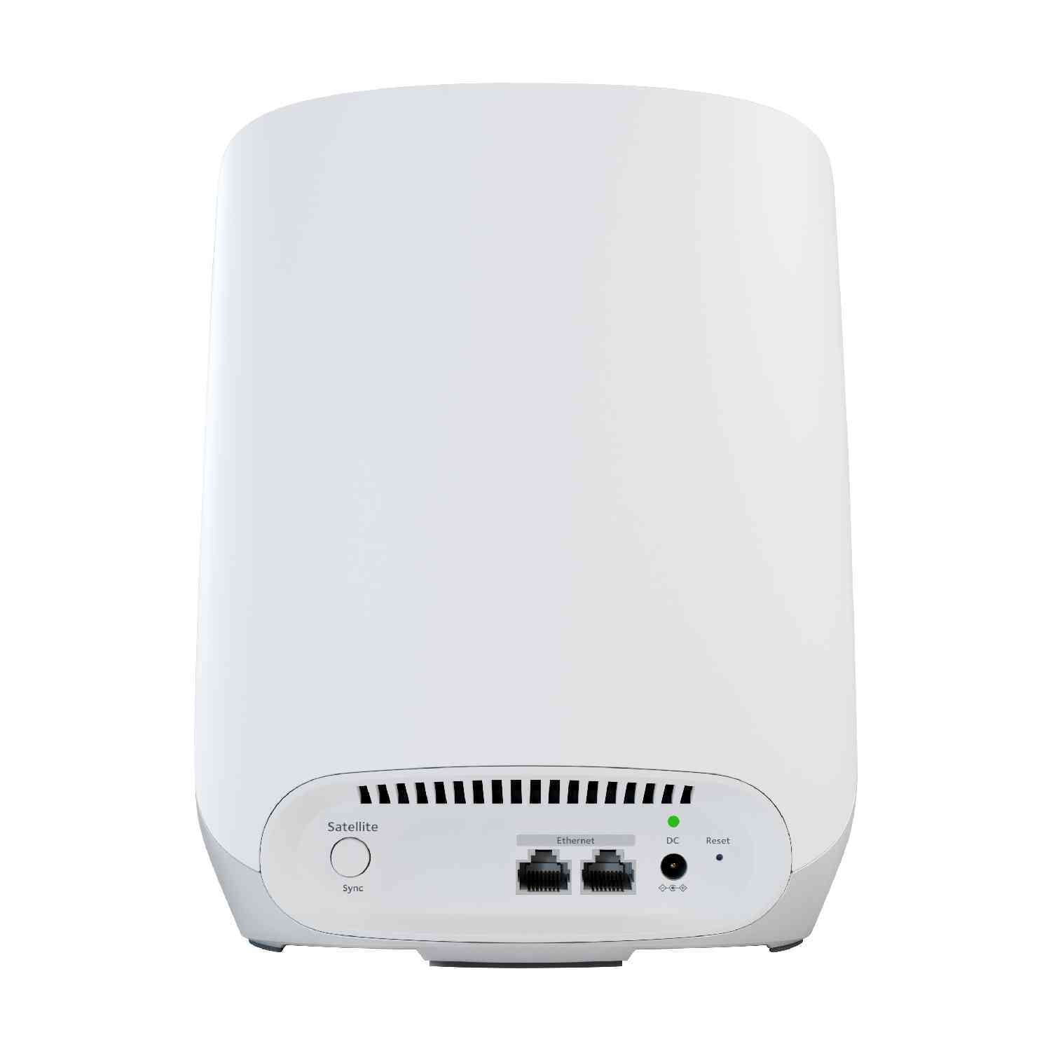 Witte router met zwarte ventilatieopeningen, Ethernet-poorten en sync/reset-knoppen. Het apparaat staat op een wit oppervlak.