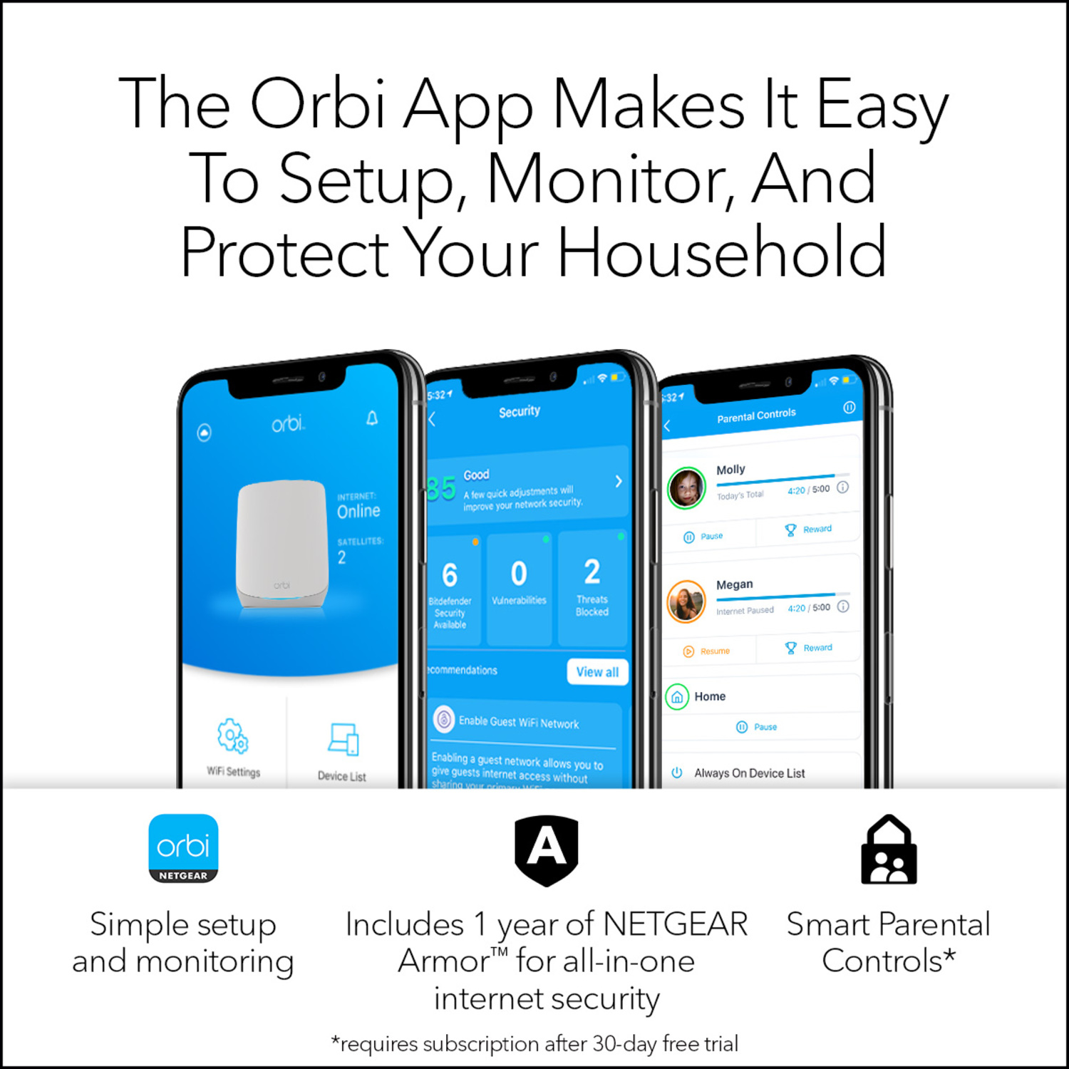 Drie telefoons met de Orbi-app die installatie, beveiliging en ouderlijk toezicht tonen.