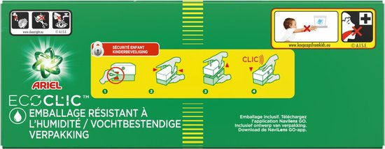 Verpakking van Ariel wasmiddel met veiligheidsinstructies en pictogrammen.