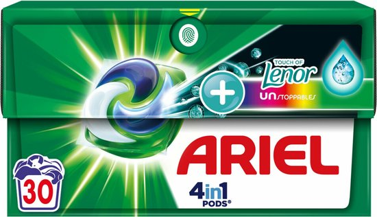 Doos met Ariel 4in1 Pods, groene verpakking met pod en Lenor logo, 30 pods binnen.