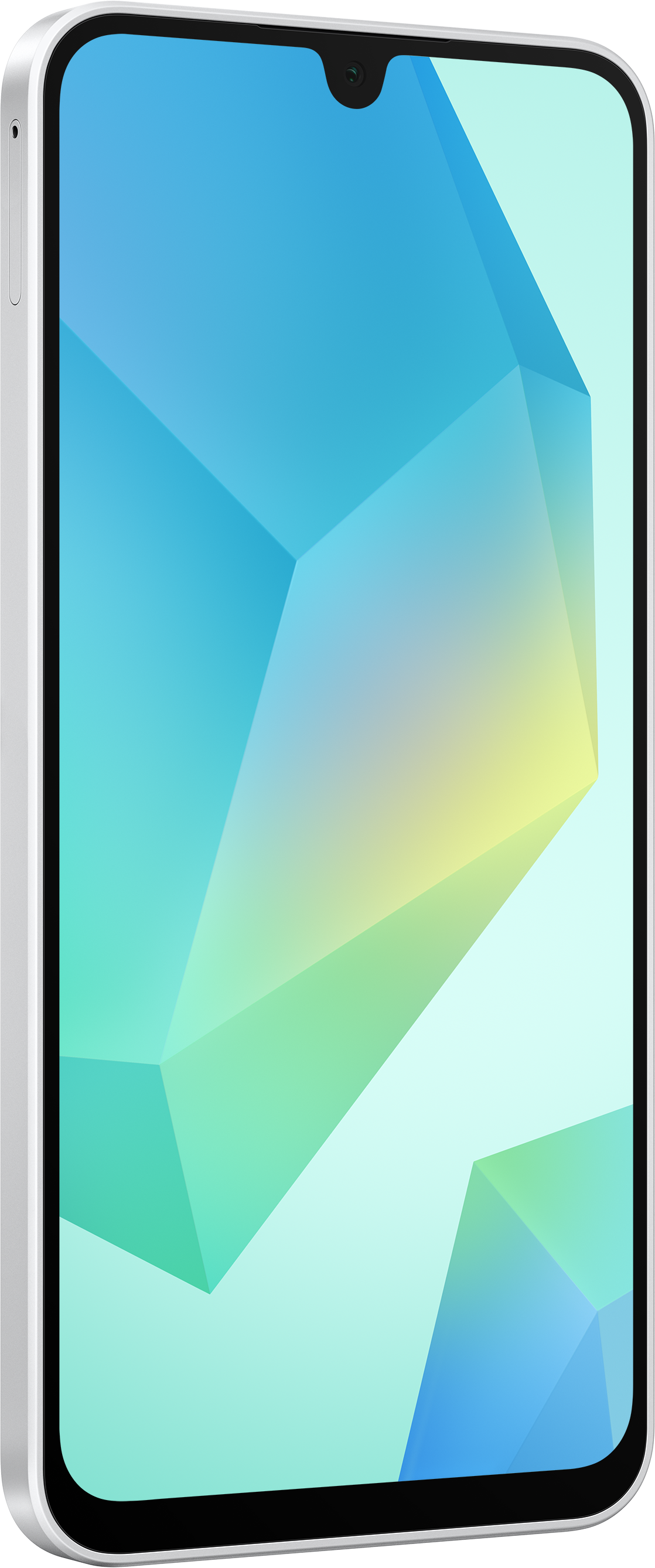 Weißes Smartphone mit farbenfrohem Bildschirm, schräg von der Seite gezeigt.