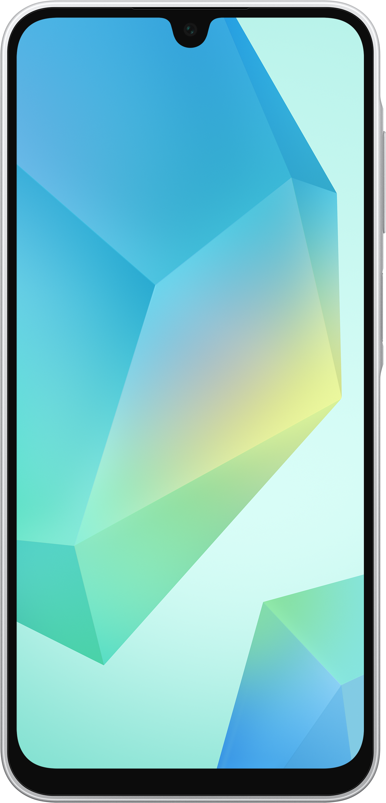 Ein Smartphone mit farbenfrohem, abstrakten Hintergrund. Es hat eine Frontkamera und einen weißen Rahmen.