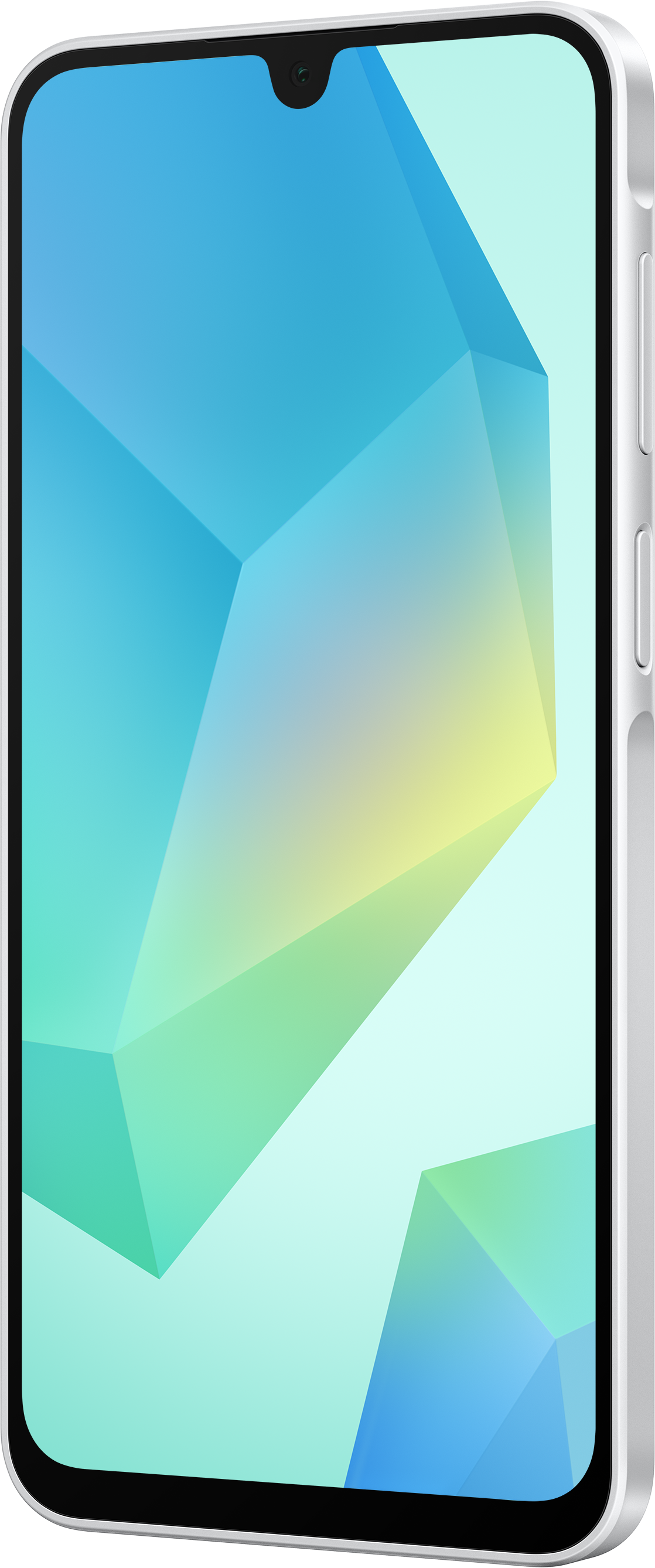 Ein weißes Smartphone mit einem Bildschirm, der geometrische Formen in Blau, Grün und Gelb anzeigt. Seitenansicht zeigt den Rahmen.