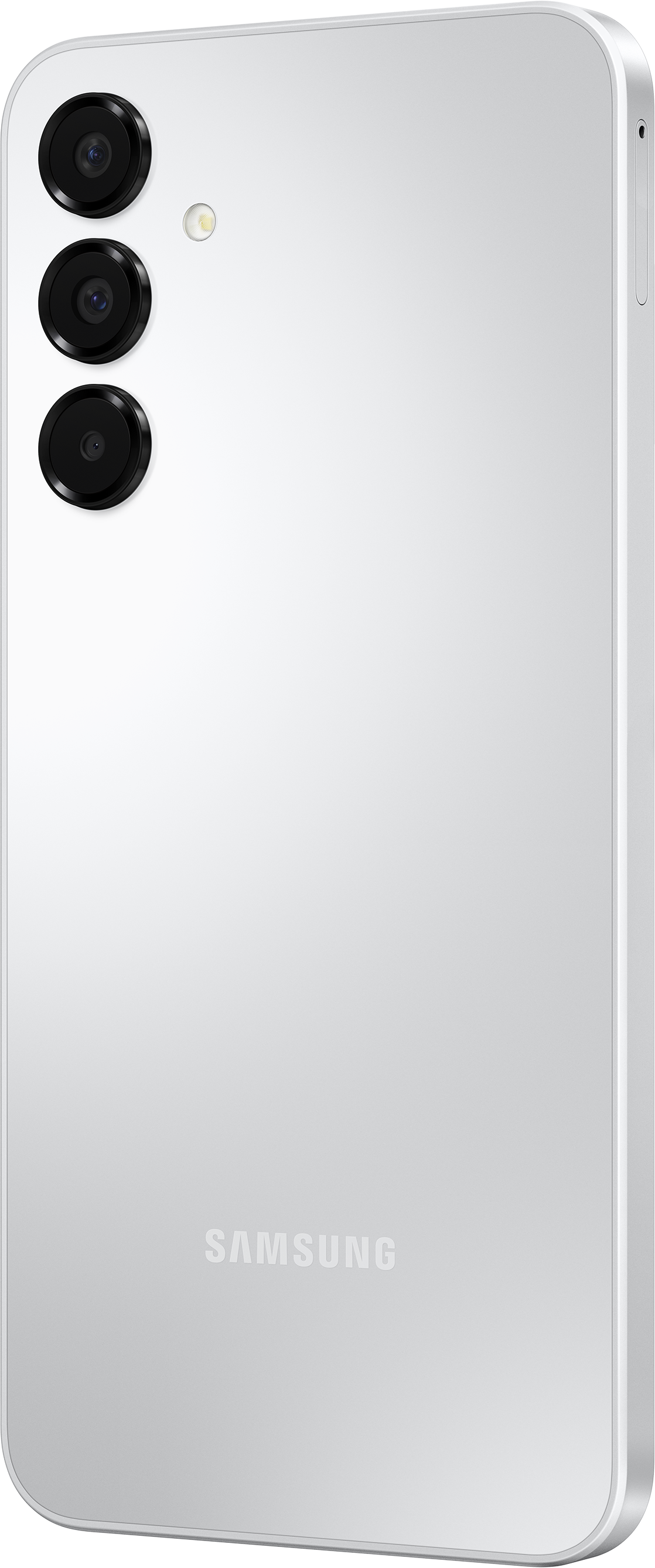 Rückseite eines weißen Samsung-Smartphones mit drei Kameras, schräg, weißer Hintergrund.