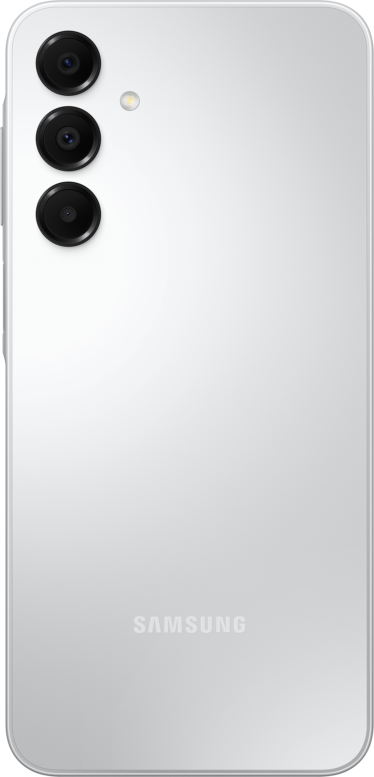 Rückseite eines weißen Smartphones mit drei Kameras, Blitz und Samsung-Logo.