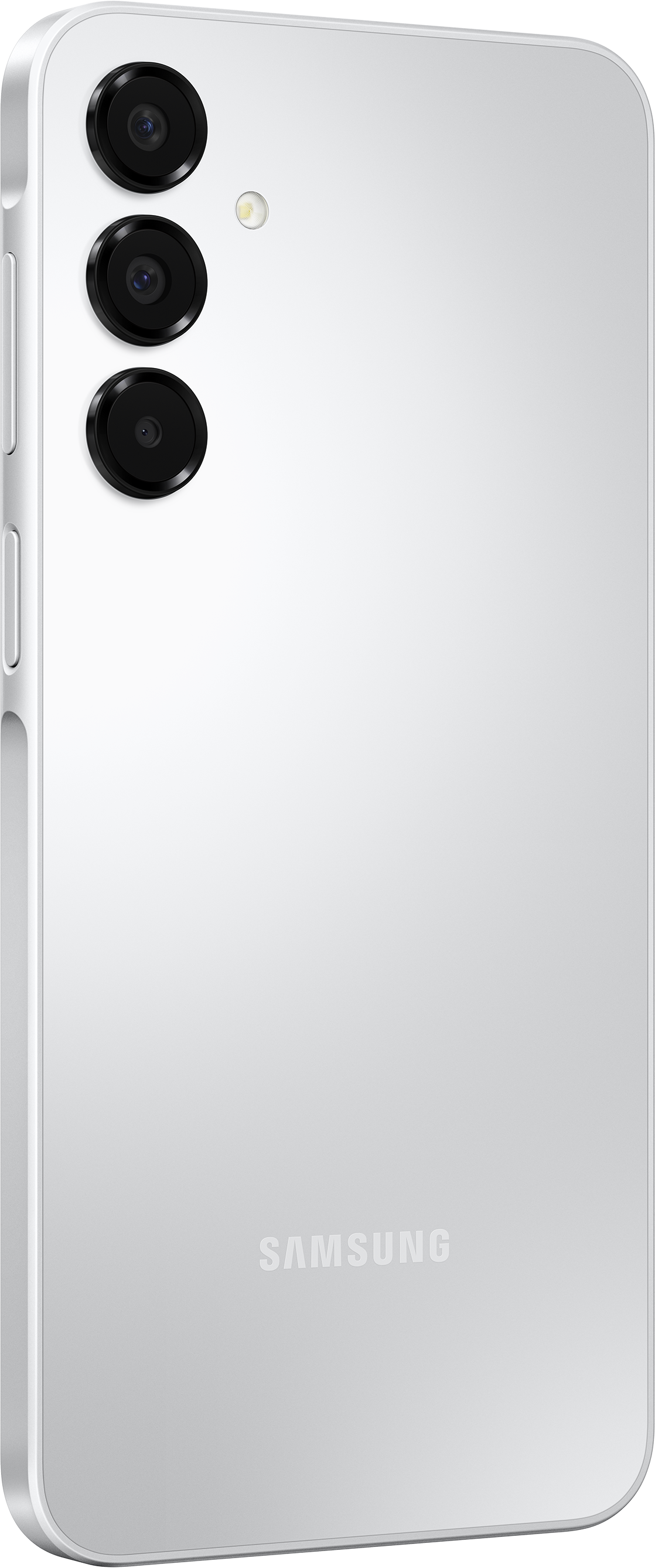 Ein weißes Smartphone mit drei Rückkameras, Samsung-Logo und einem schlanken Design.