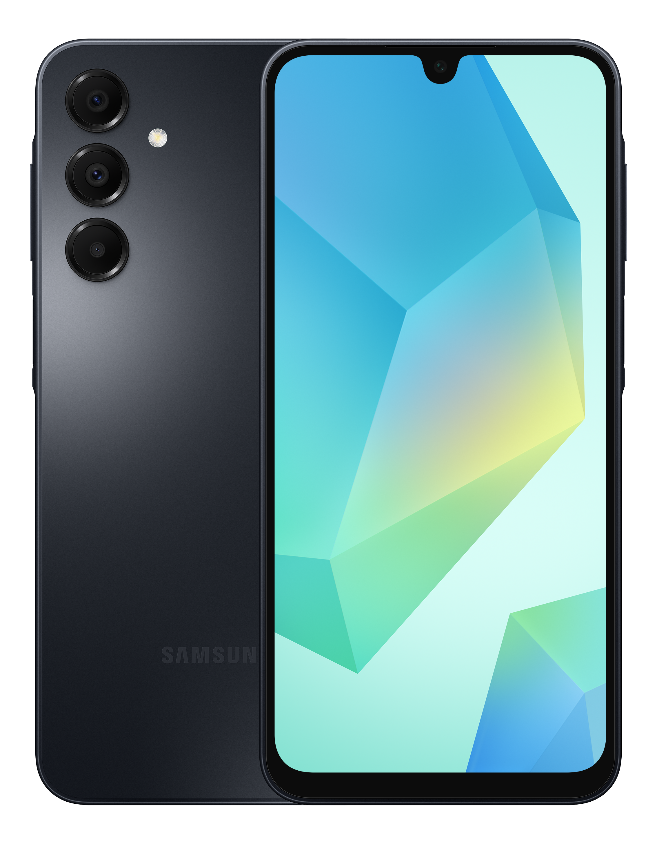 Schwarzes Samsung-Handy mit drei Kameras und einem Bildschirm mit geometrischem Design.