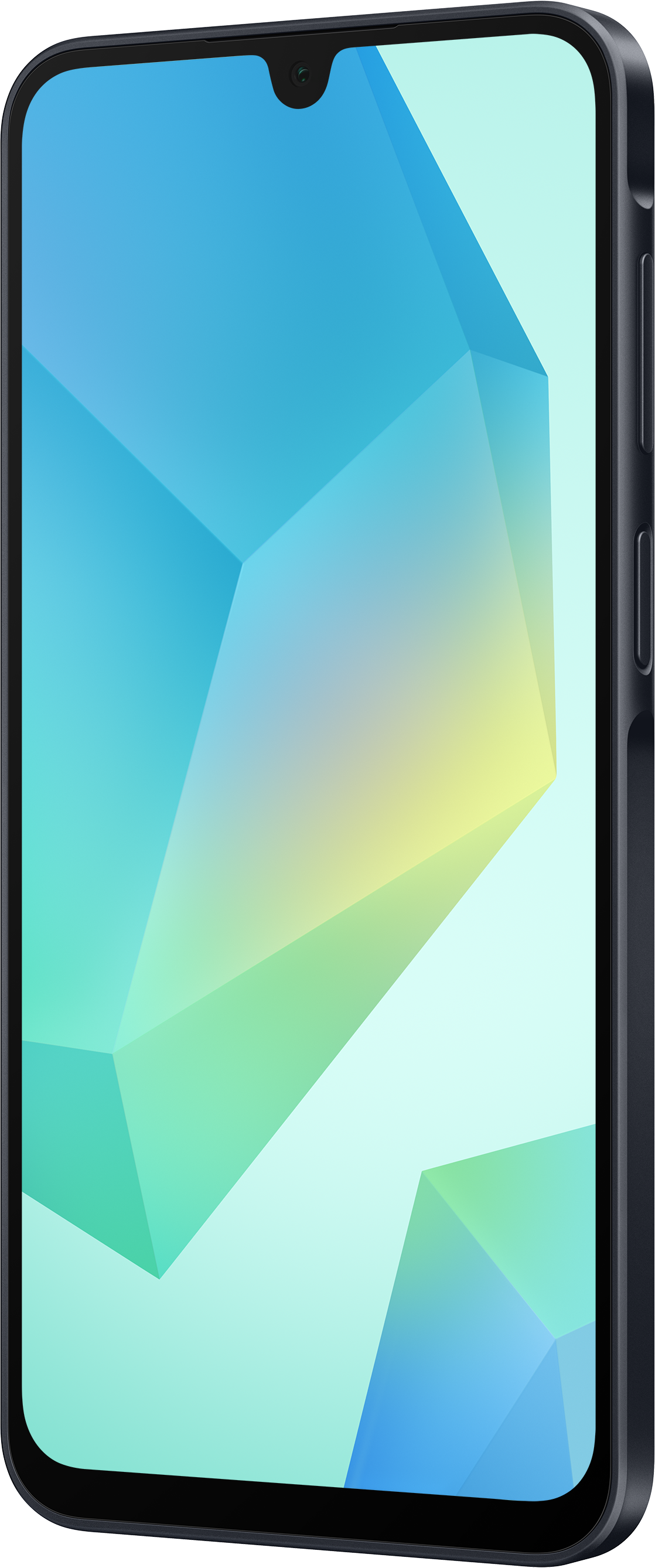 Smartphone nero con forme geometriche sullo schermo. Vista laterale. Blu, bianco e verde.