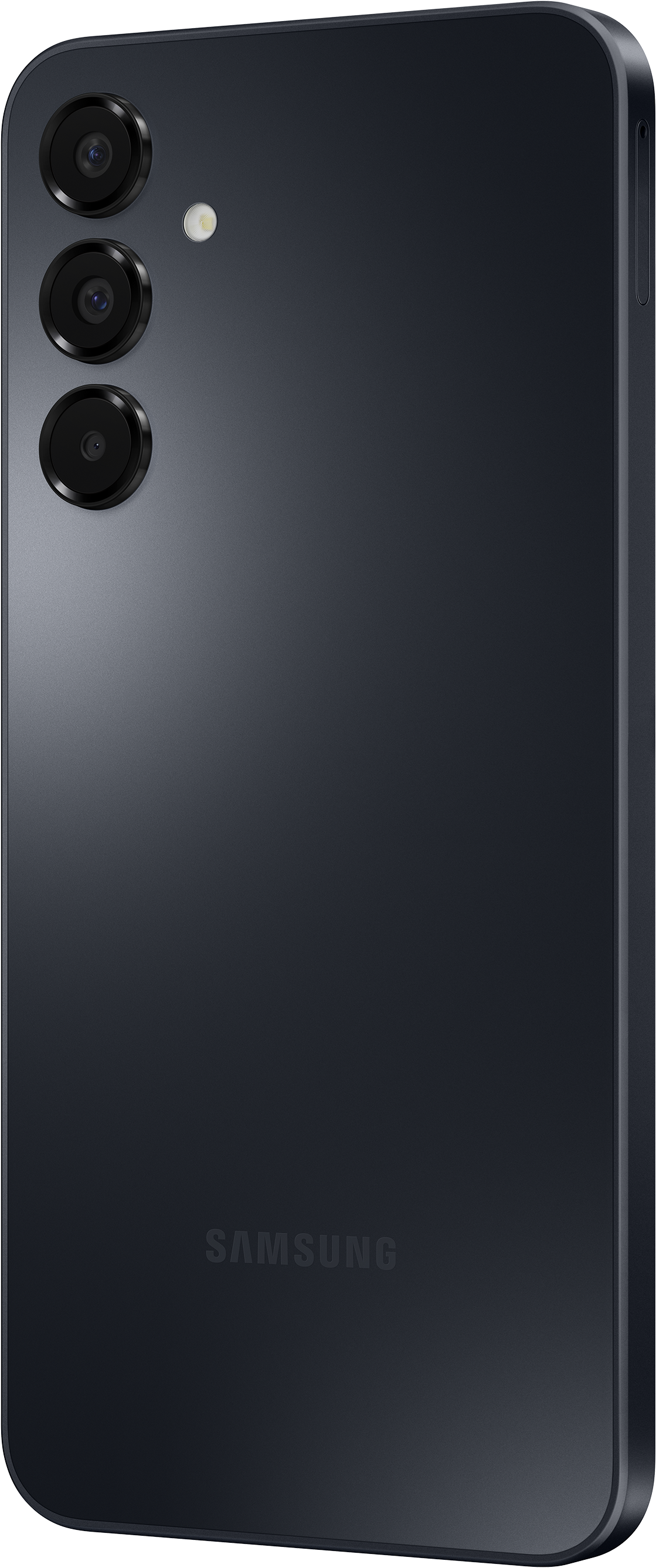Il retro di un telefono Samsung grigio scuro con 3 fotocamere e il logo Samsung. Lo sfondo è sfocato.