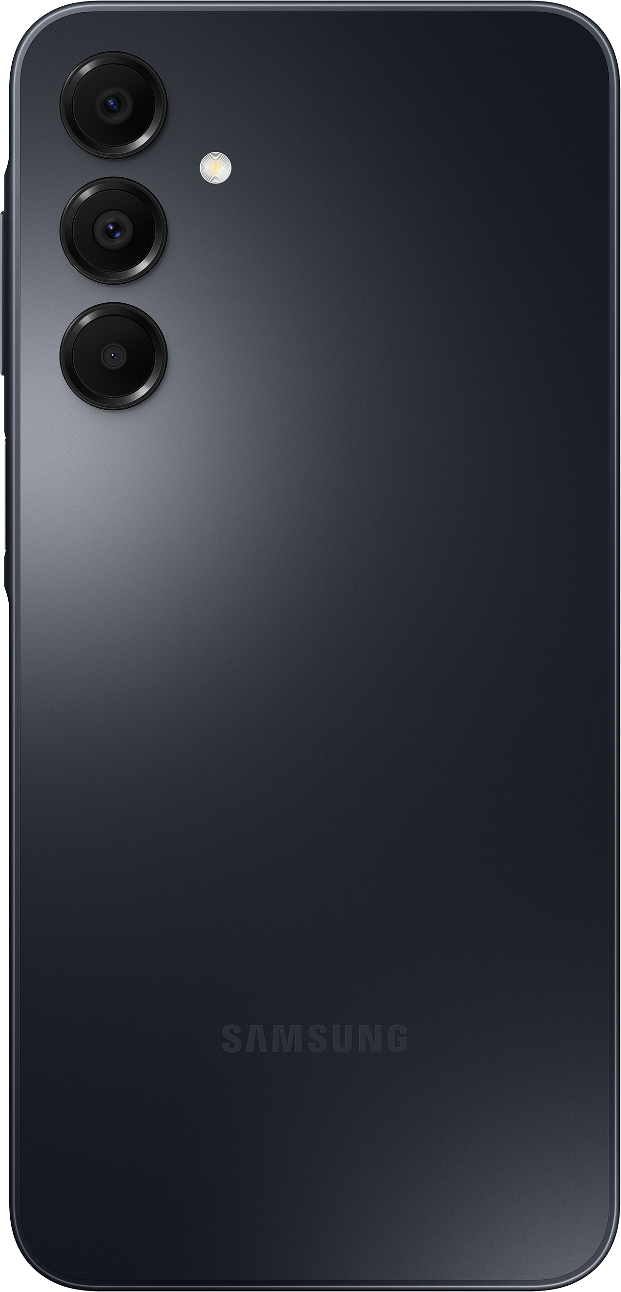 Retro di uno smartphone nero con tre fotocamere e il logo Samsung.