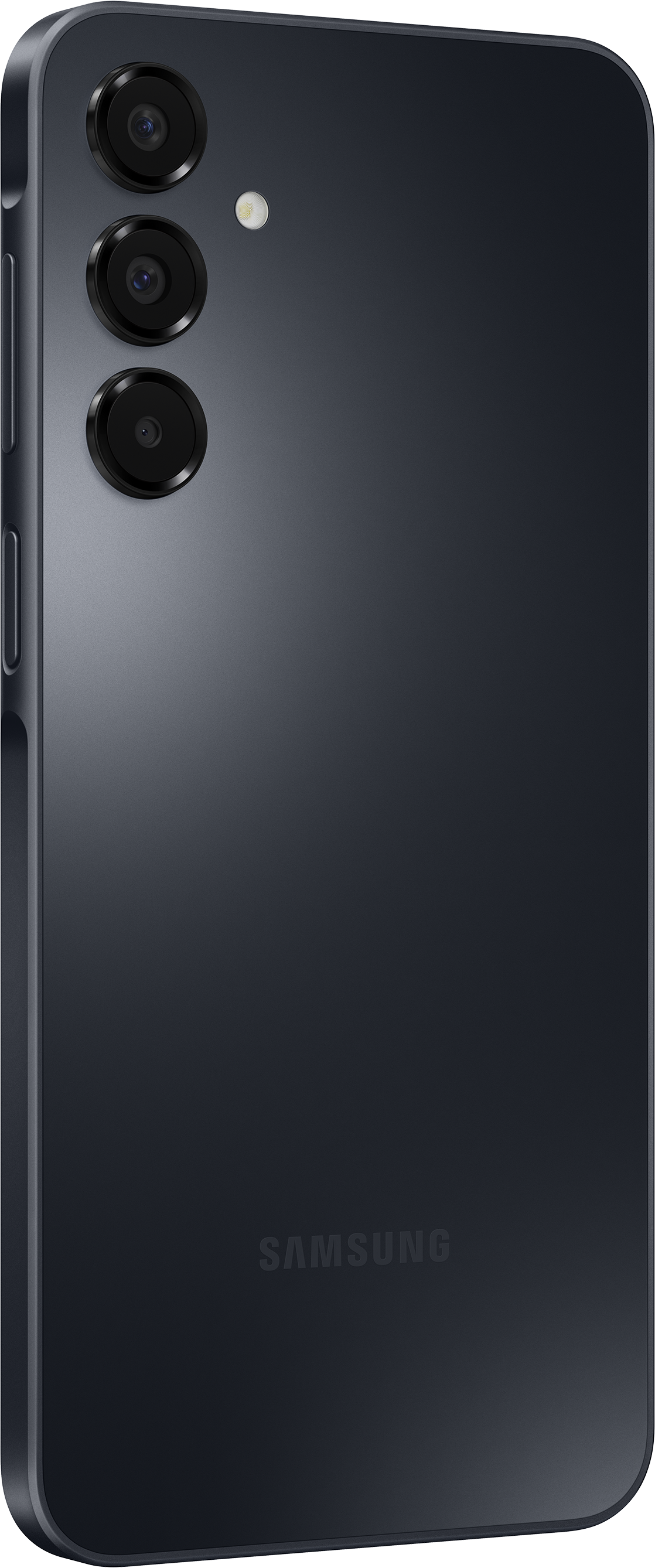 Smartphone grigio scuro con tre fotocamere e flash sul retro. Logo Samsung visibile.