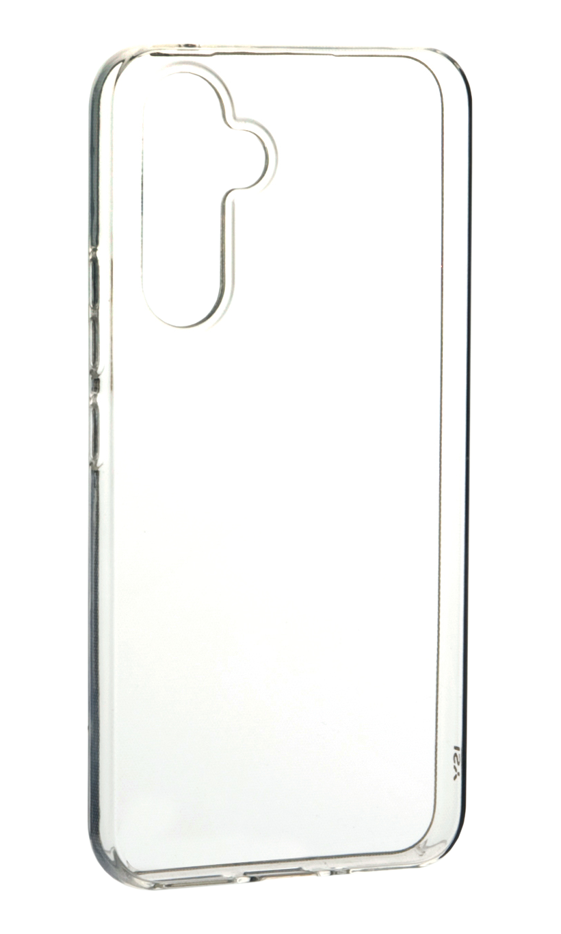 Une coque de téléphone transparente avec un trou pour la caméra sur fond noir.