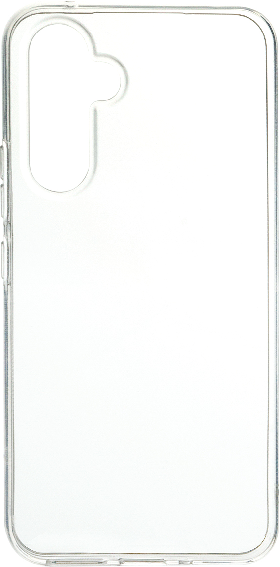 Une coque de téléphone transparente. La coque a un design simple avec des découpes pour la caméra et les boutons.