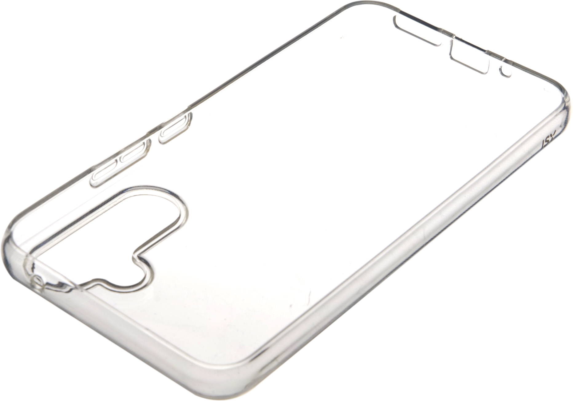 Coque de téléphone transparente, en angle, montrant le côté avec des découpes pour boutons et caméra.