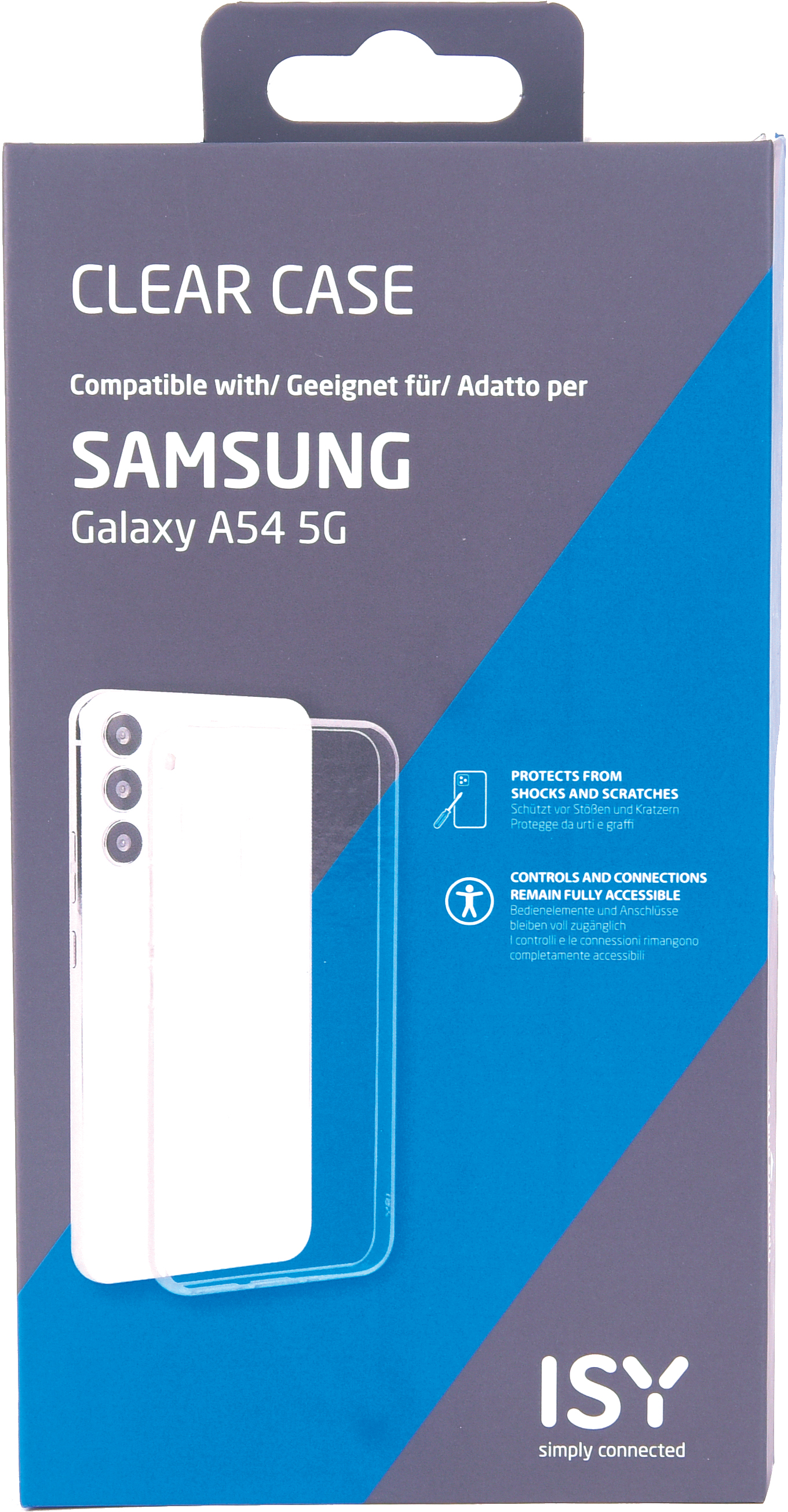 Boîte de coque transparente pour Samsung Galaxy A54 5G. Elle montre le téléphone et ses fonctionnalités.