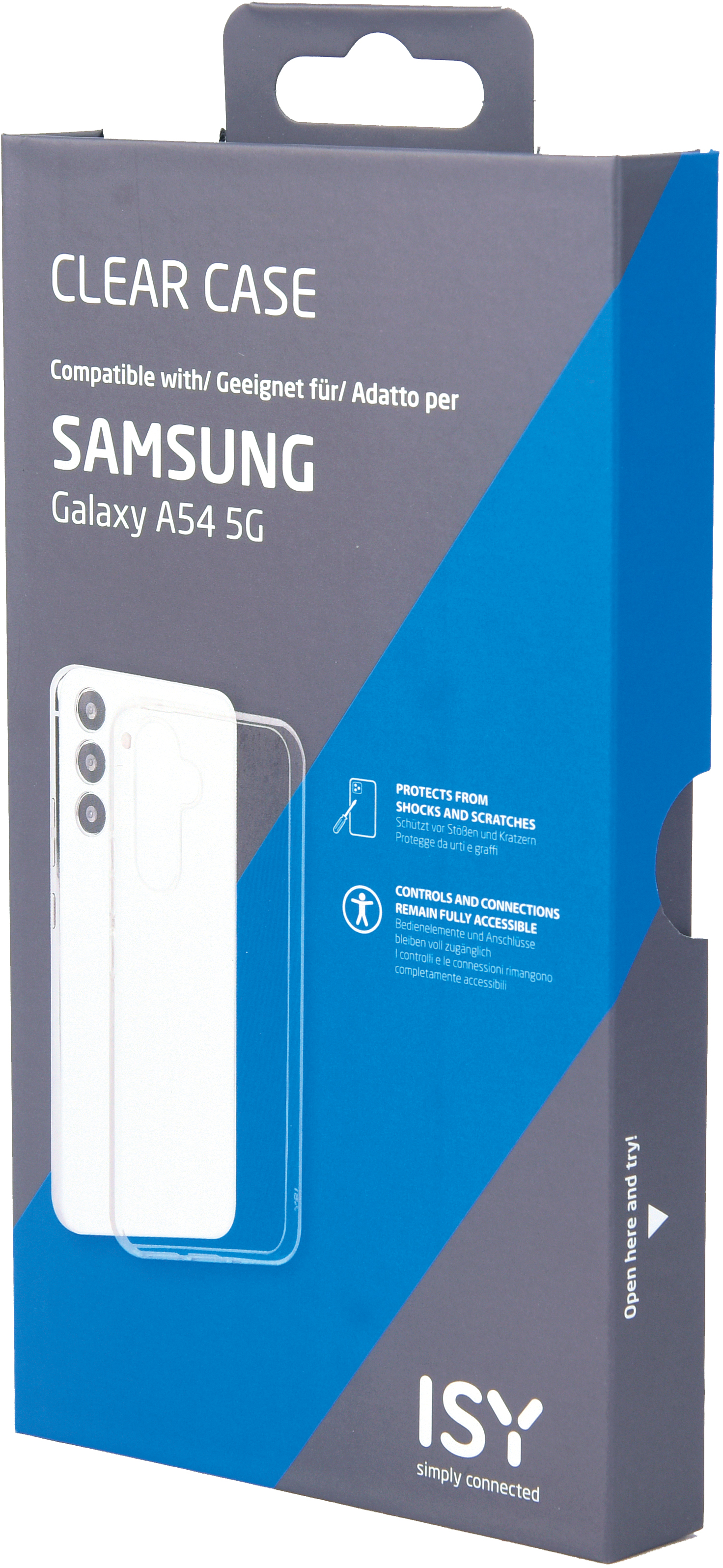 Emballage pour une coque transparente Samsung Galaxy A54 5G. Coque transparente visible.