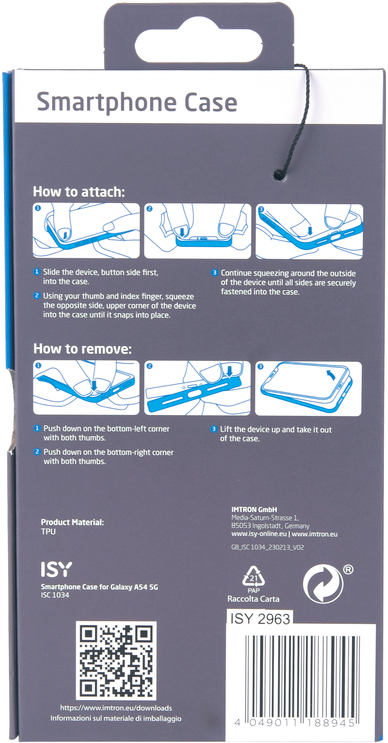 Emballage d'étui pour smartphone avec instructions. Fond blanc et bleu.
