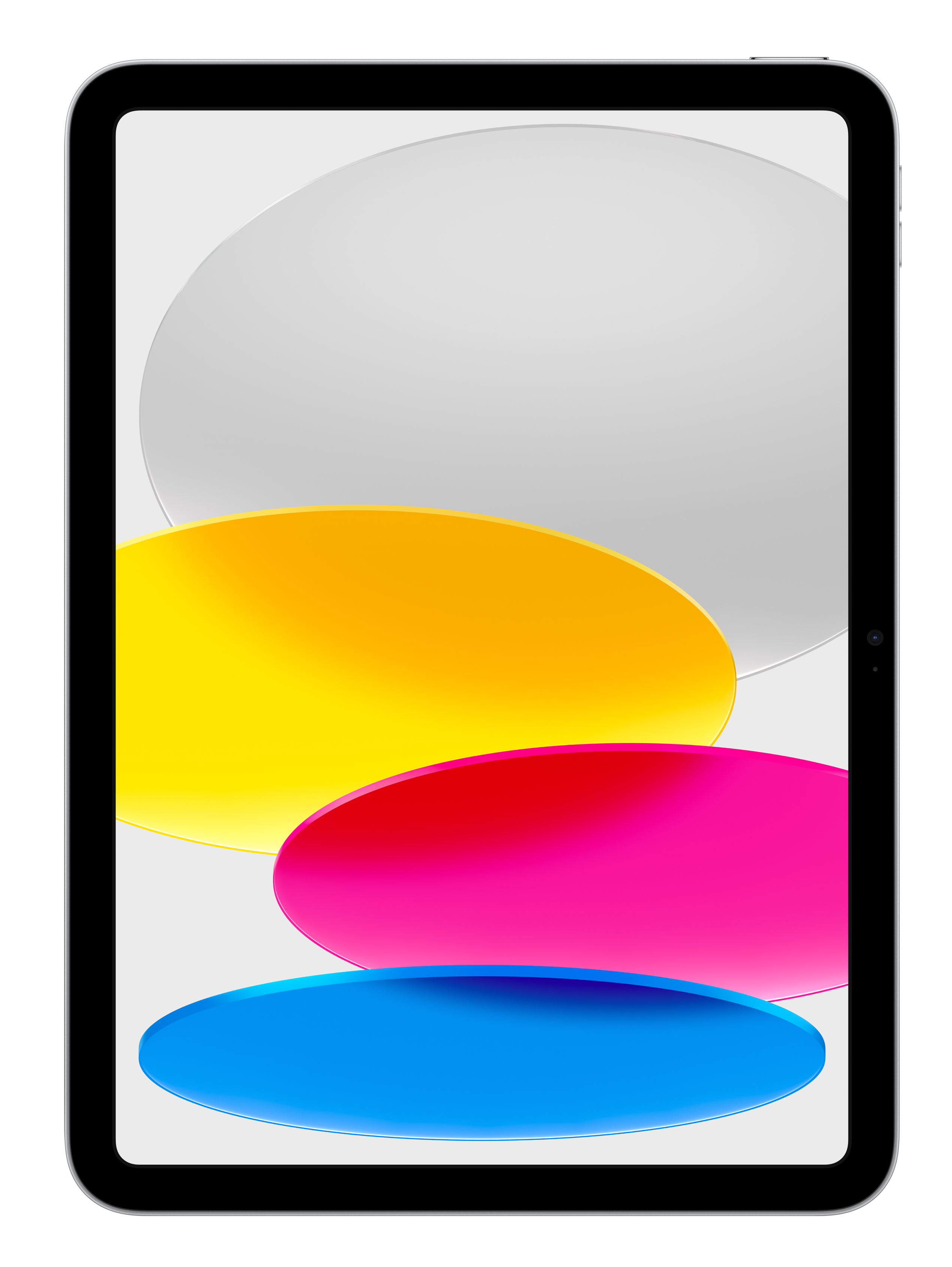 Tablet z białym ekranem wyświetlającym kolorowe, abstrakcyjne kształty.